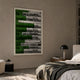 Rhythm Emerald & Silver Layered Stripe Leather 3D Wall Art by Giant Sculptures displayed in a neutral bedroom above a bedside table with lamp.