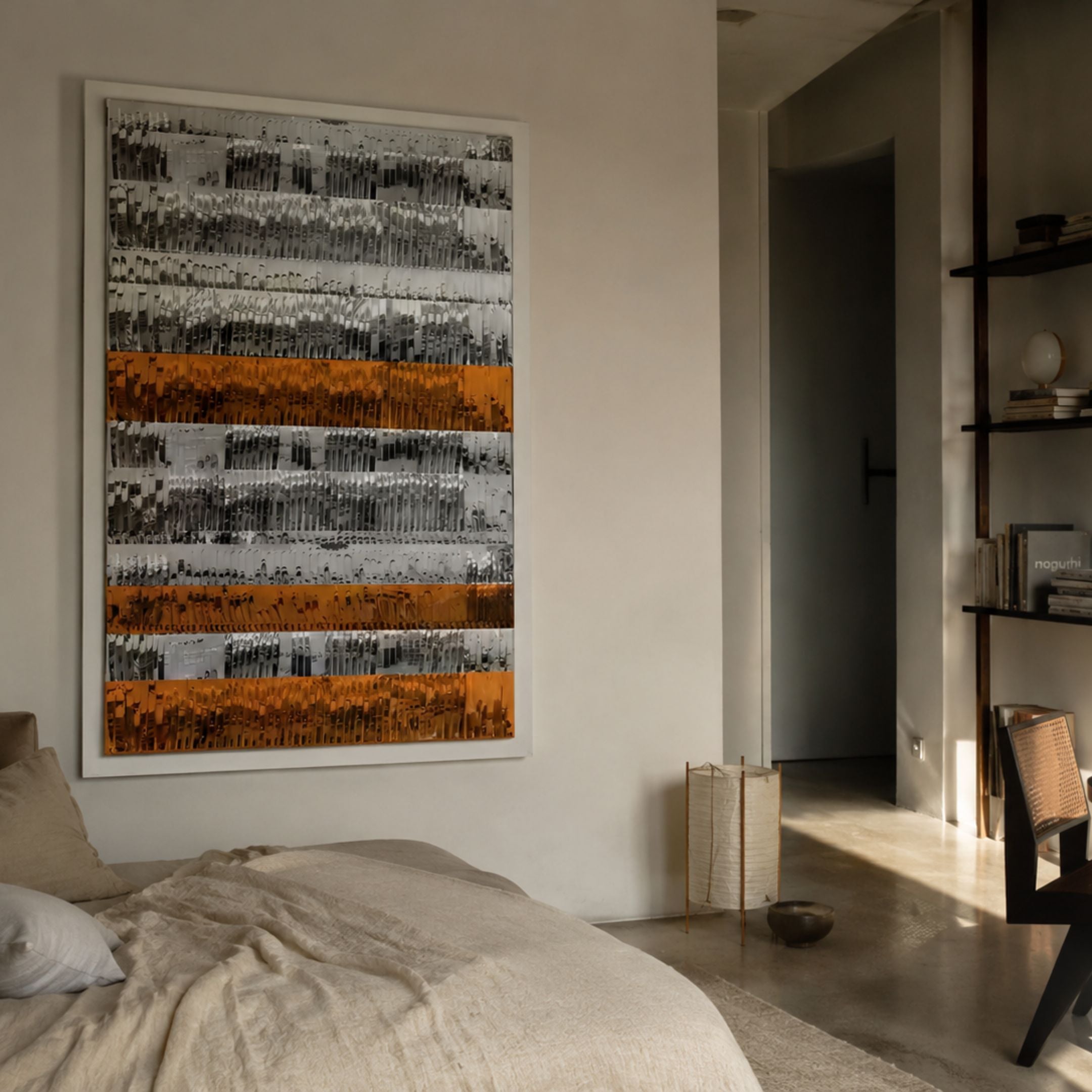 Rhythm Tangerine & Silver Layered Stripe Leather 3D Wall Art by Giant Sculptures mounted above a linen bed in a minimalist bedroom with cane chair.