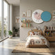 Blossomkin Blue Petal Bird Kids 3D Wall Art by Giant Sculptures displayed in a Nordic-style children's bedroom above a wooden mountain-headboard bed with plush toys.
