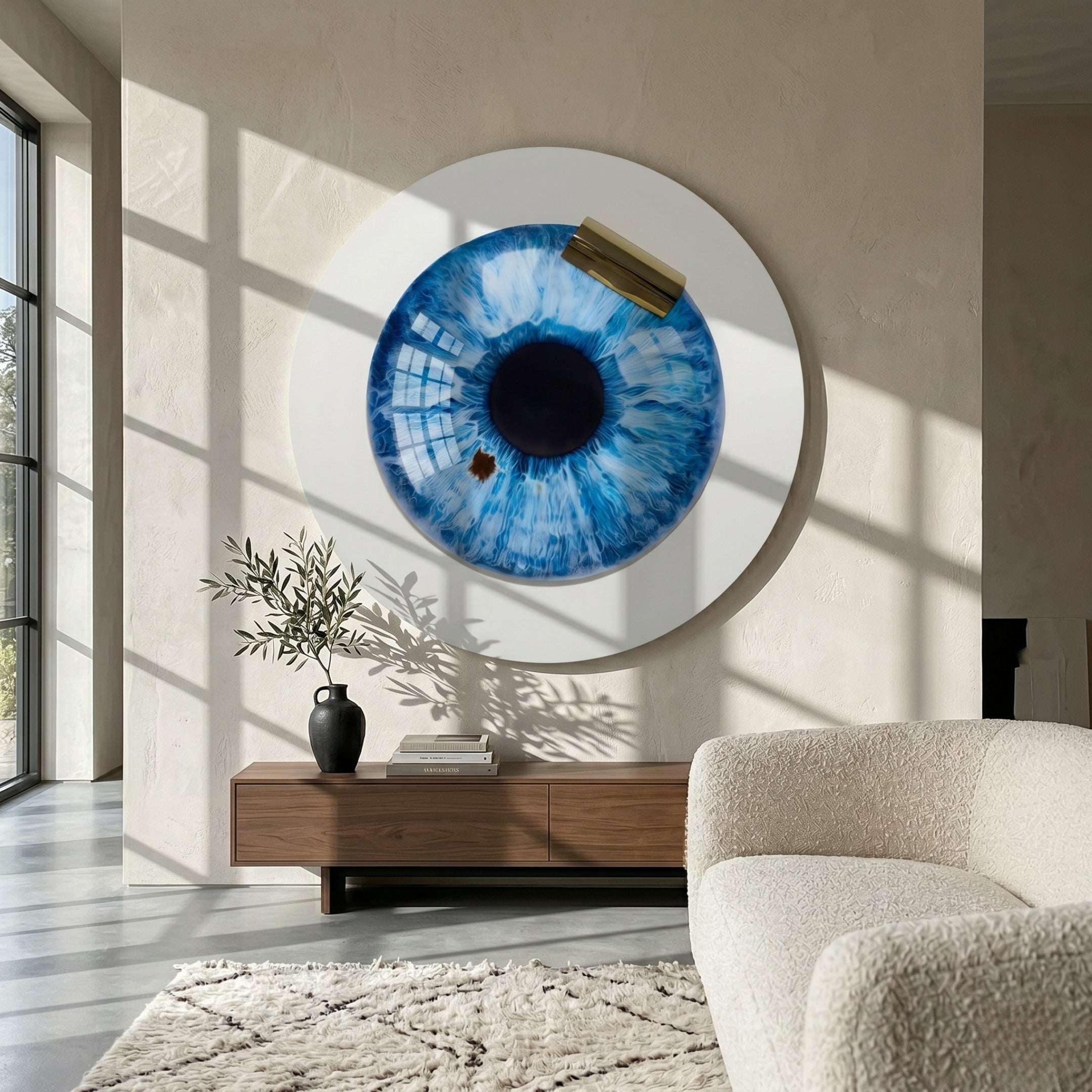 A modern living room features the Giant Sculptures Iriselle Arctic Blue Iris Crystal Porcelain Round 3D Wall Art above a wooden console, with a black vase of greenery, a textured beige armchair, and sunlight streaming through tall windows.