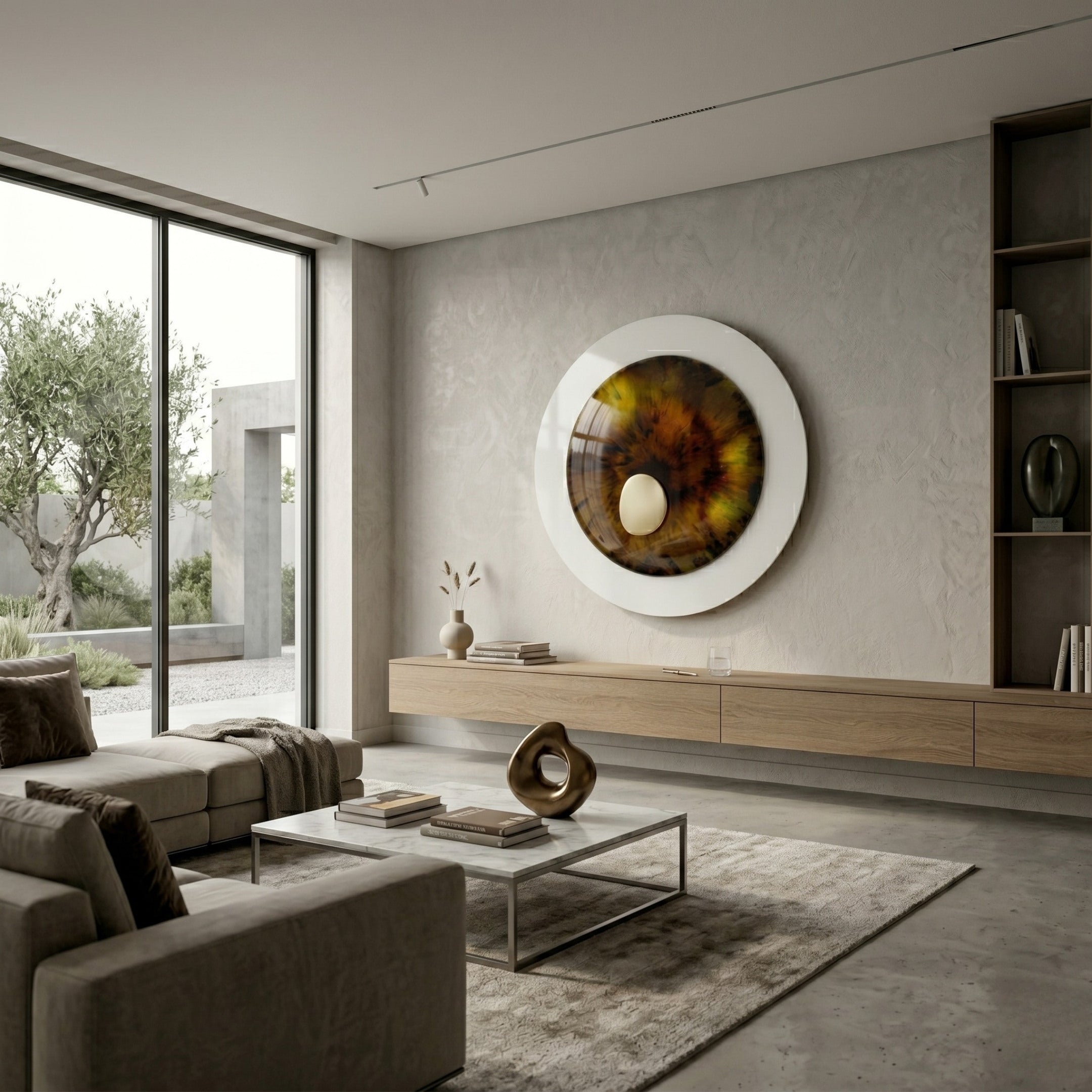 A modern living room with neutral tones, minimalist furniture, floor-to-ceiling window, built-in wooden shelving, a garden view, and the Iriselle Amber Crystal Porcelain Round 3D Wall Art by Giant Sculptures as the focal point.
