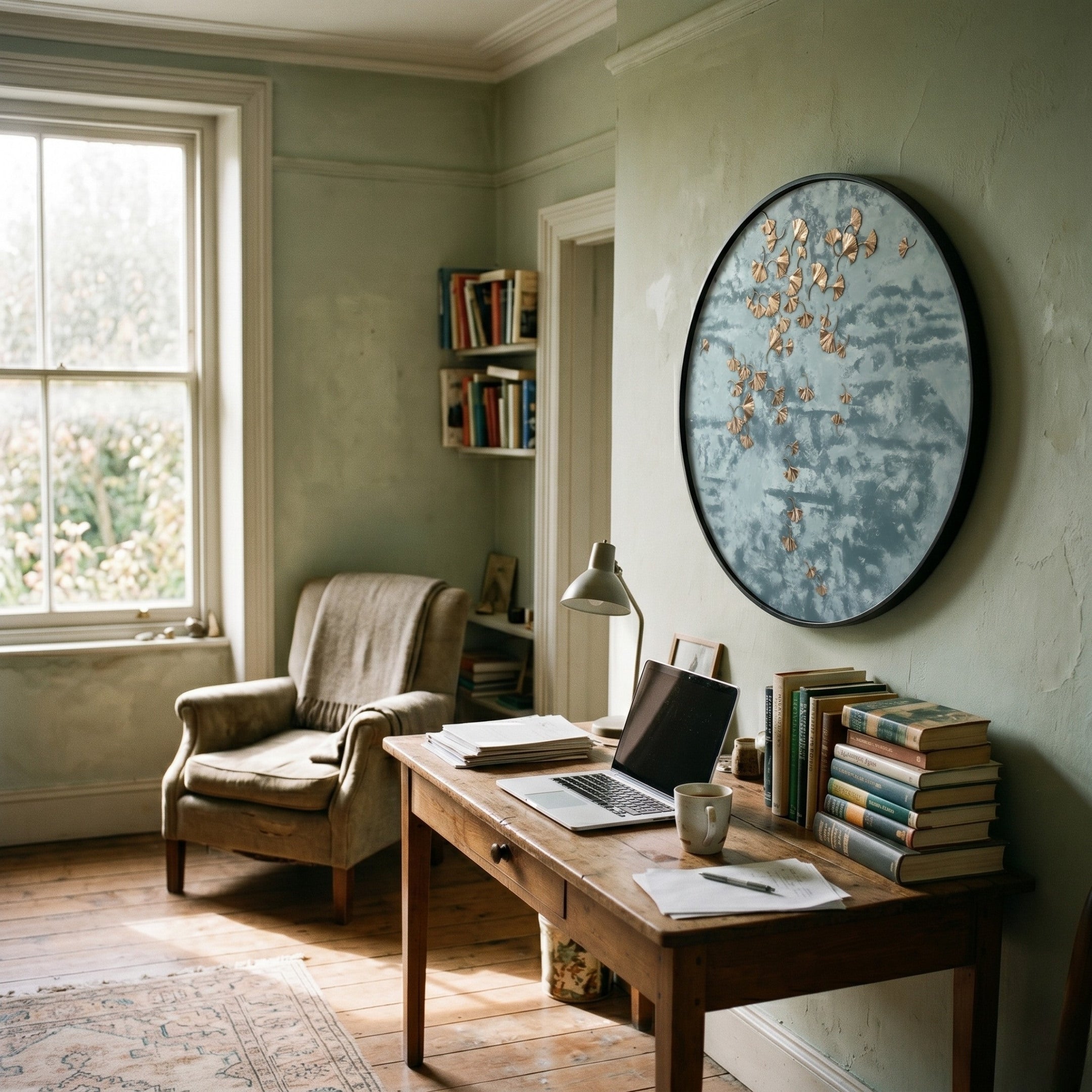 A cozy home office with a wooden desk, laptop, books, lamp, and coffee mug. By the window is an armchair and modern decor, including the Giant Sculptures Florivonne Gilded Metal Leaf Round 3D Wall Art on a pale green wall.