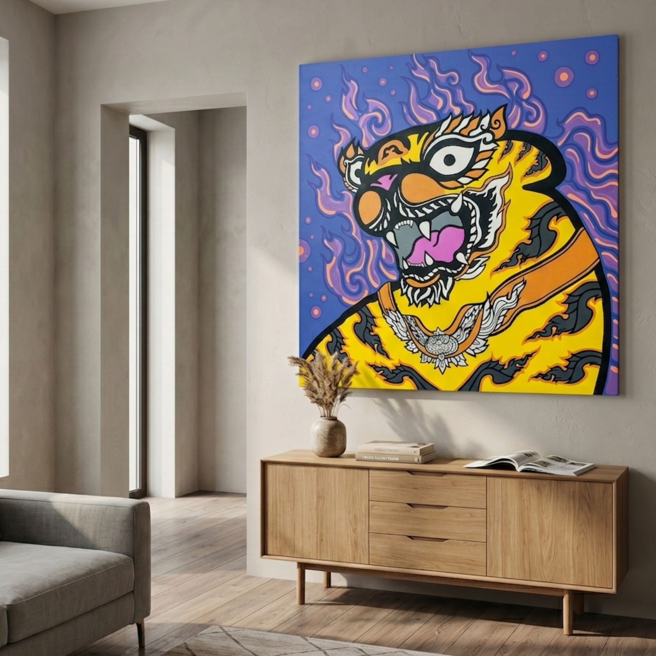 Thai Tiger Pop Art Canvas Painting in yellow, blue, and purple displayed above a wooden sideboard in a neutral living room with a grey sofa nearby.