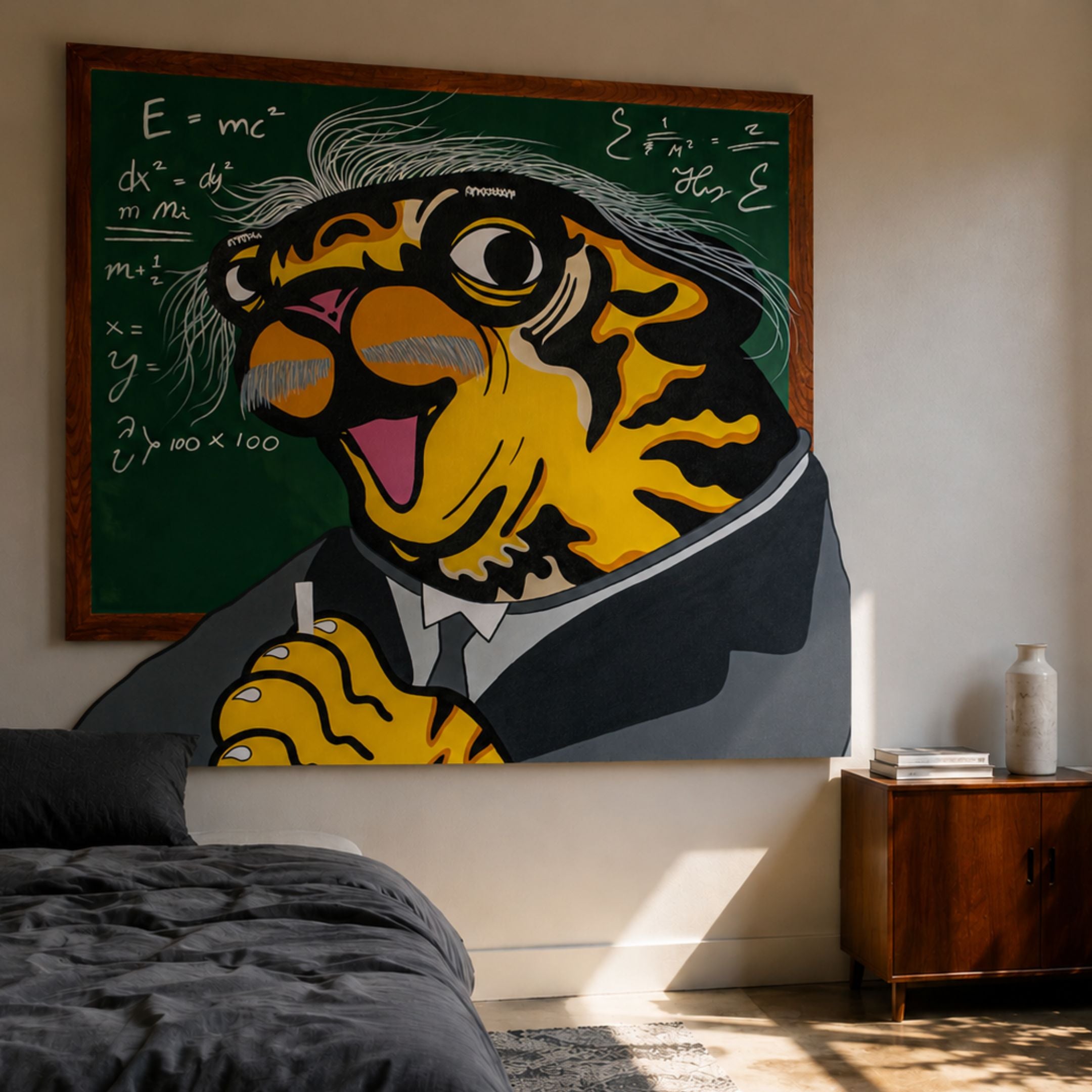 Einstein Tiger Pop Art Canvas Painting by Giant Sculptures hung above a bed, showing a suited tiger with wild grey hair and chalk before an equation-filled green chalkboard.