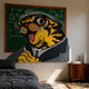 Einstein Tiger Pop Art Canvas Painting by Giant Sculptures hung above a bed, showing a suited tiger with wild grey hair and chalk before an equation-filled green chalkboard.