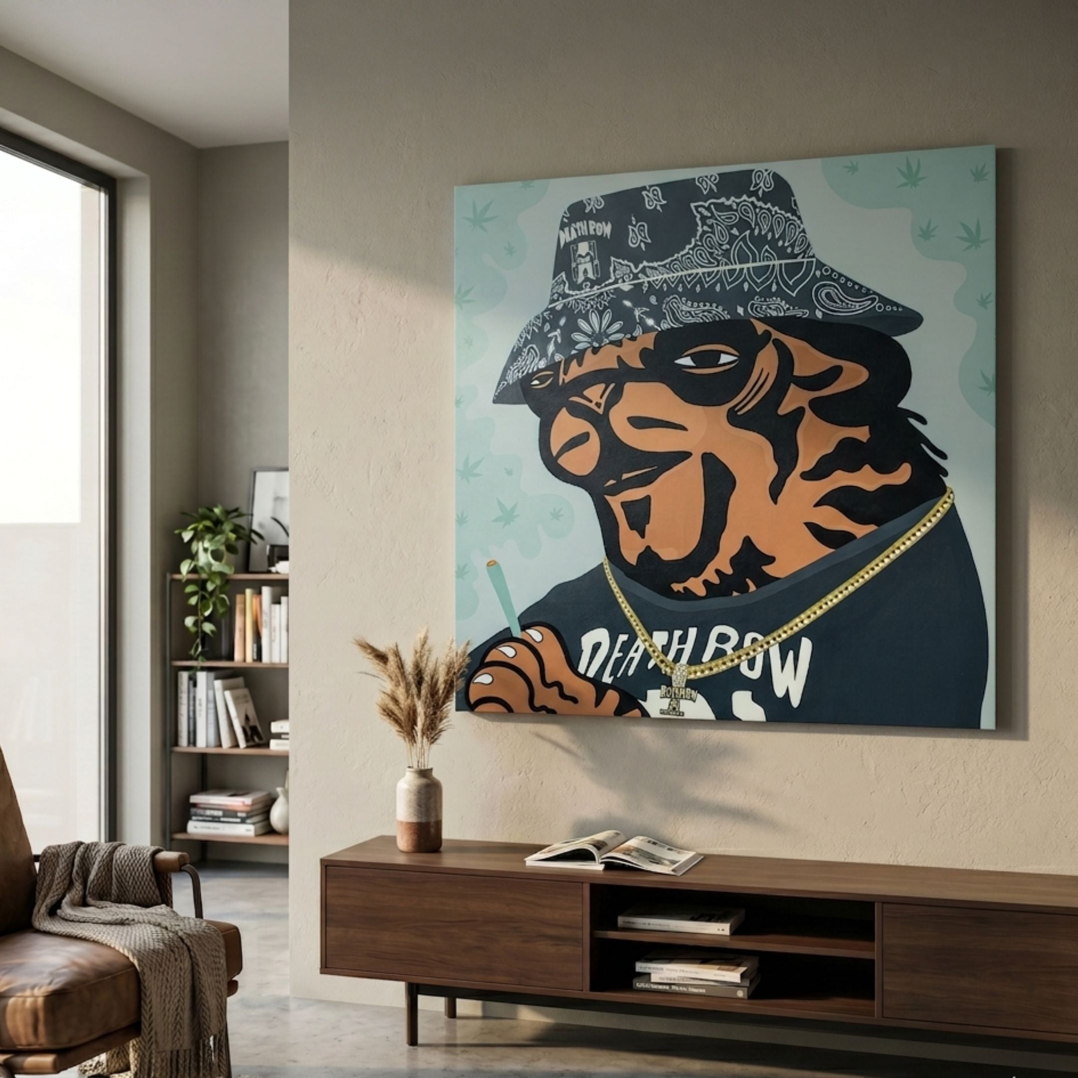 Snoop Dogg Tiger Pop Art Canvas Painting with bandana bucket hat and gold chain, hung above a wooden console in a modern living room with bookshelf.
