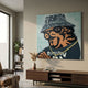 Snoop Dogg Tiger Pop Art Canvas Painting with bandana bucket hat and gold chain, hung above a wooden console in a modern living room with bookshelf.