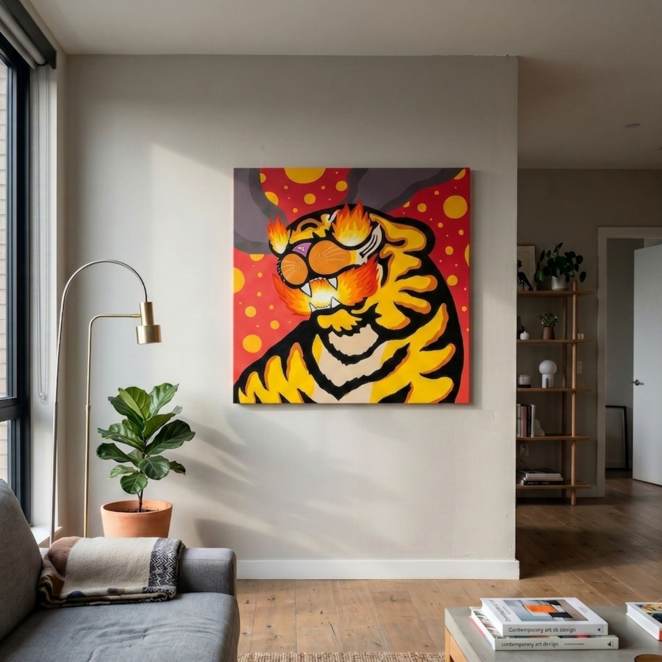 Fire Tiger Pop Art Canvas Painting by Giant Sculptures displayed on a light wall in a modern living room beside a floor lamp, fiddle leaf plant, and shelving.