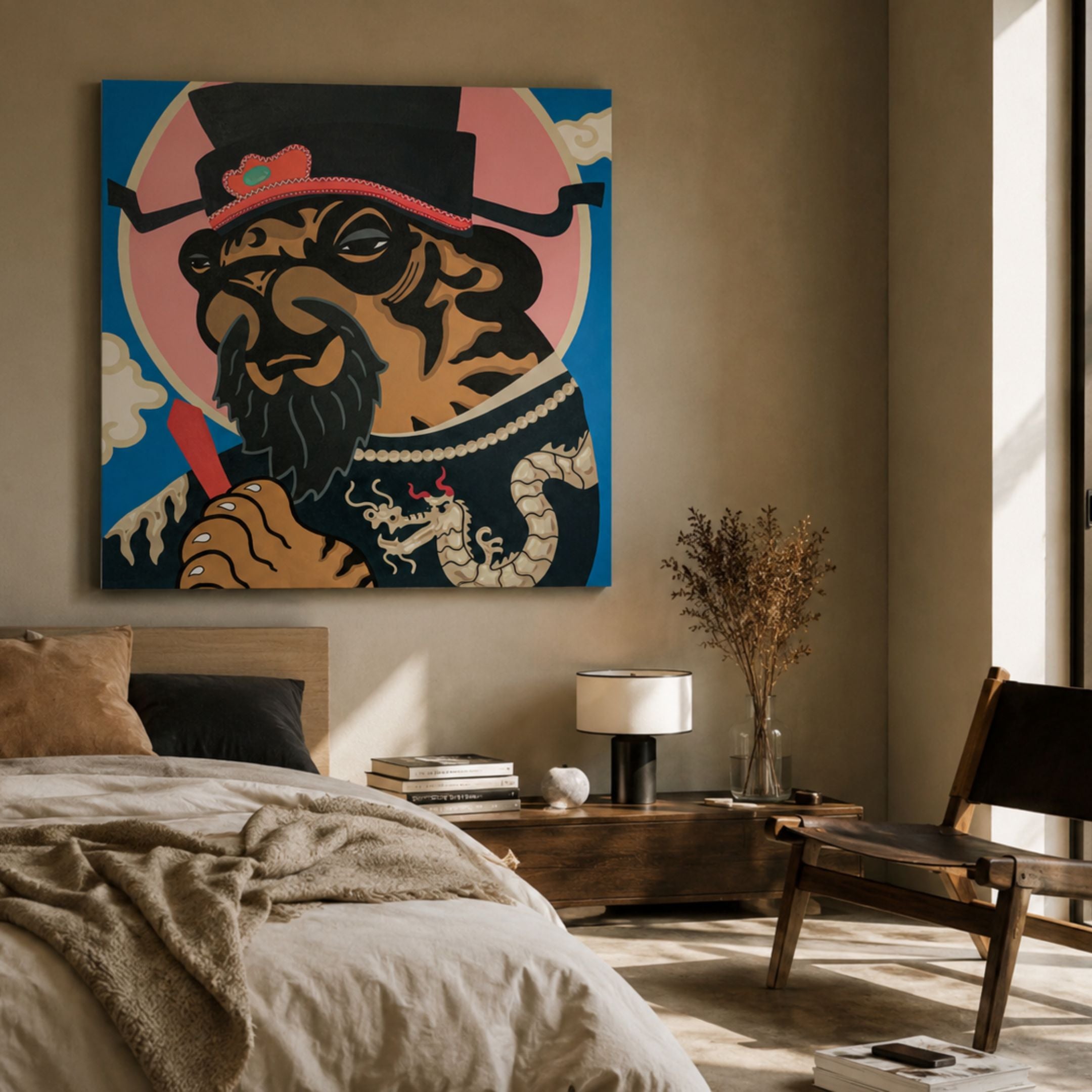 Pao Bun Jin Tiger Pop Art Canvas Painting by Giant Sculptures, featuring a bearded figure in ceremonial attire, displayed above a wooden nightstand in a neutral bedroom.
