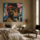 Pao Bun Jin Tiger Pop Art Canvas Painting by Giant Sculptures, featuring a bearded figure in ceremonial attire, displayed above a wooden nightstand in a neutral bedroom.