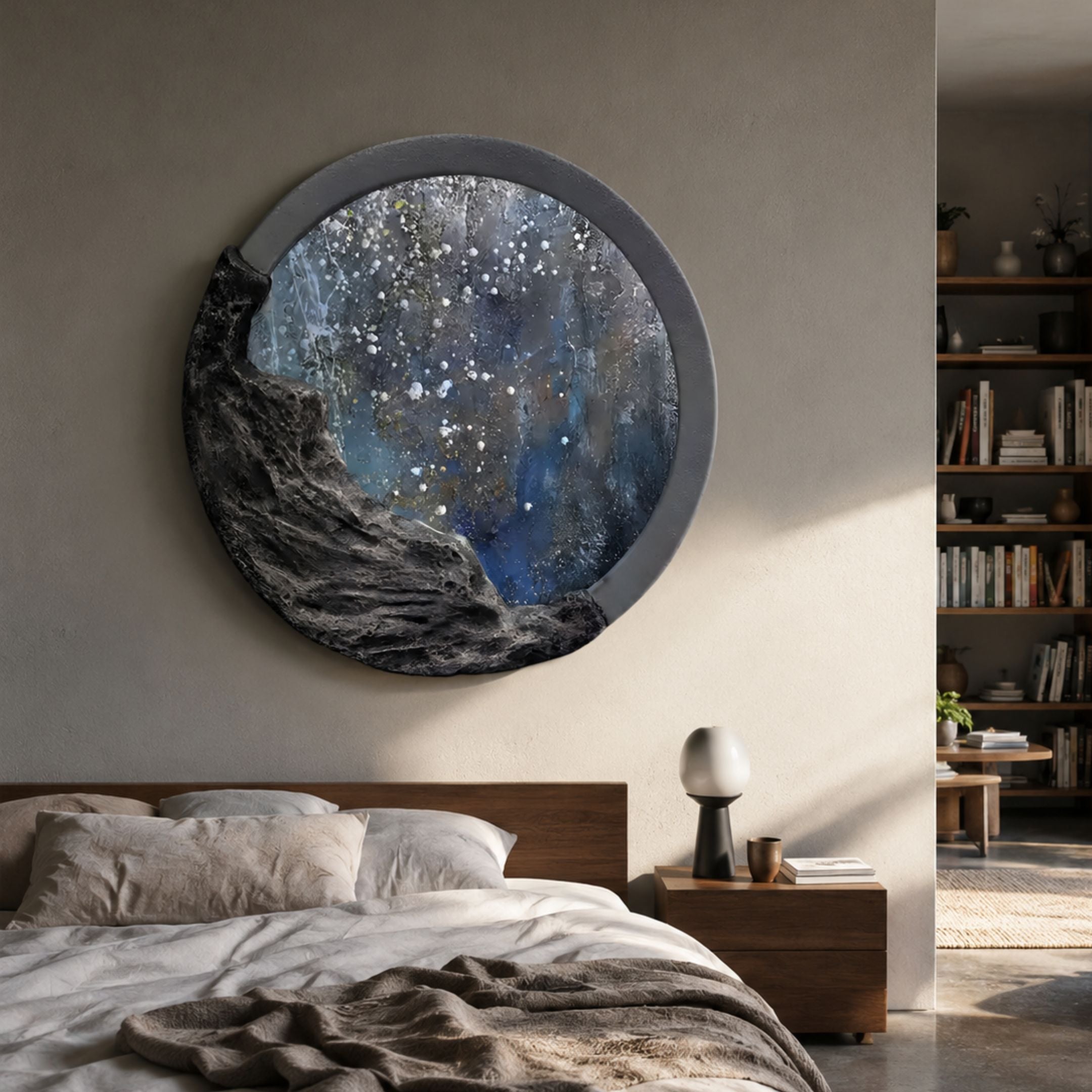 Auroria Velvet Dusk Hand-Painted Wood Relief 3D Wall Art mounted above a bed, with carved rocky frame opening onto a blue and white starry cosmic scene.
