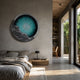 Auroria Dynamic Fusion Hand-Painted Wood Relief 3D Wall Art with turquoise radial centre and grey rocky edge, mounted above a bed in a modern bedroom.