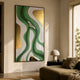 Marea Organic Flow Green & Gold Wood Relief 3D Wall Art mounted on a cream living room wall above a mushroom lamp and olive sofa.