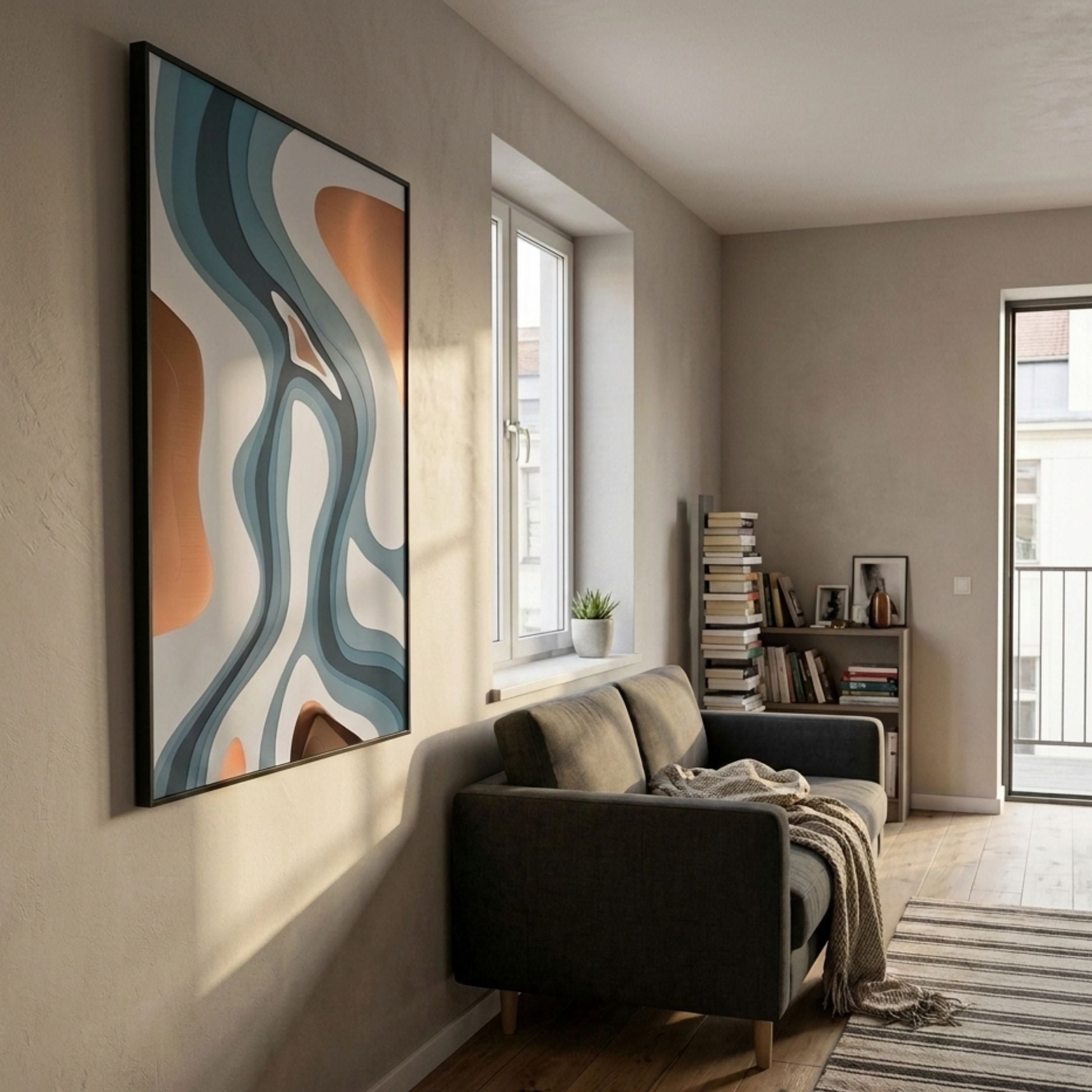 Marea Organic Flow Aqua & Copper Wood Relief 3D Wall Art with teal and bronze wavy contours in a black frame, hung above a grey sofa beside a window.