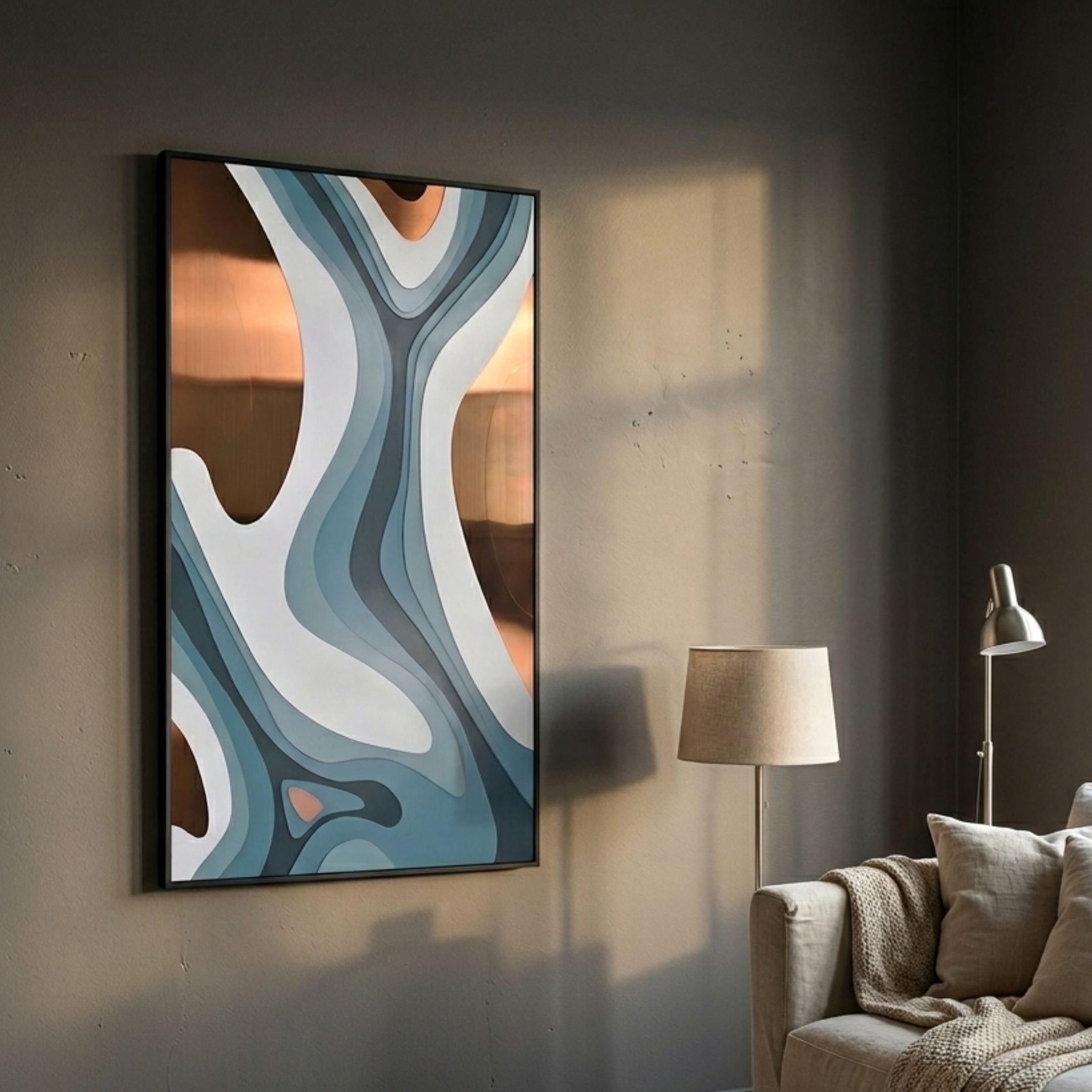 Marea Organic Flow Teal & Copper Wood Relief 3D Wall Art by Giant Sculptures, mounted on a grey wall beside a floor lamp and beige armchair in a living room.