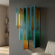 Opaline Gold Emerald Gradient Wood Relief 3D Wall Art by Giant Sculptures, three teal-edged arched panels in green-to-orange gradient on a grey living room wall.