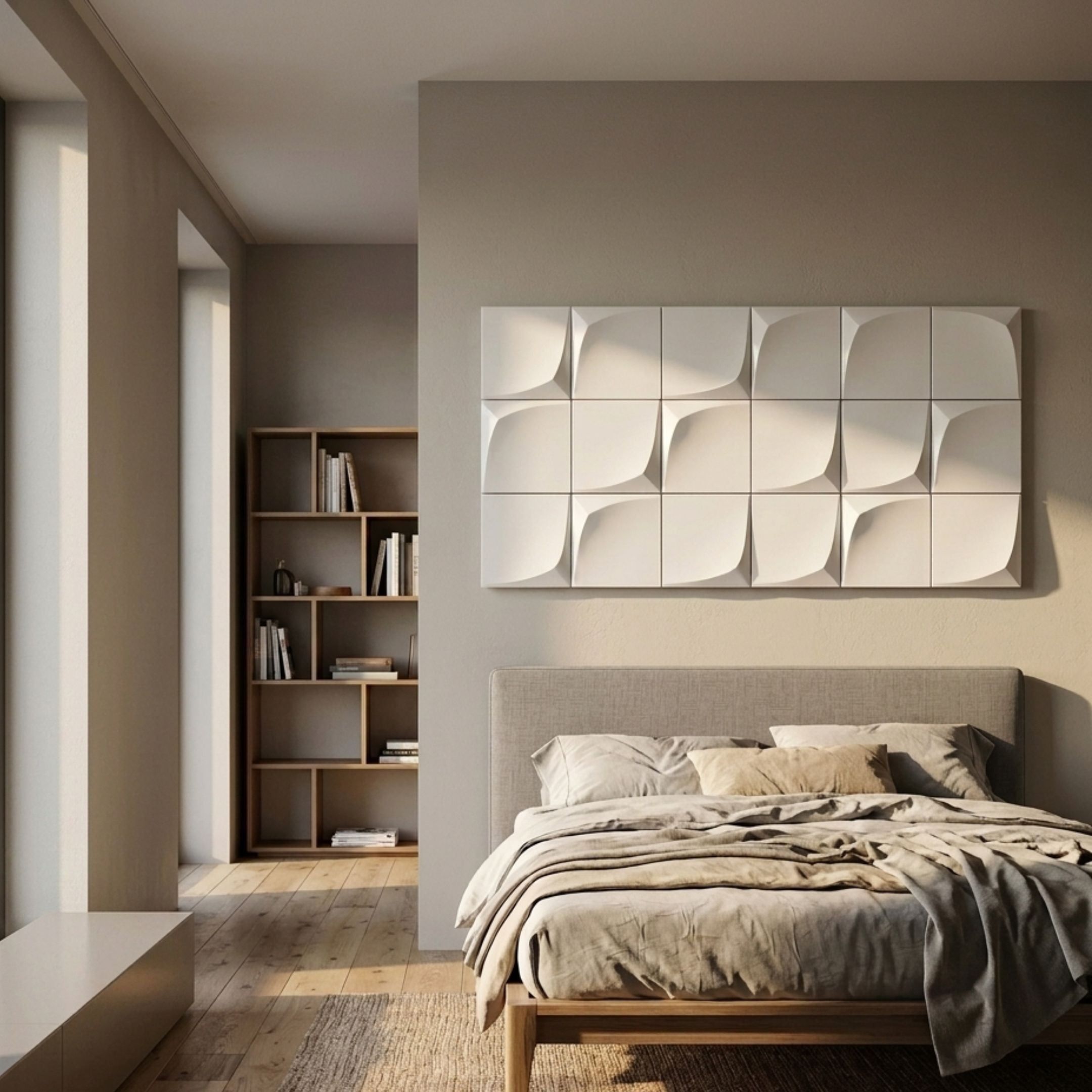 Averra White Block Wood Relief 3D Wall Art by Giant Sculptures mounted above an upholstered bed in a minimalist bedroom with a wooden bookshelf nearby.