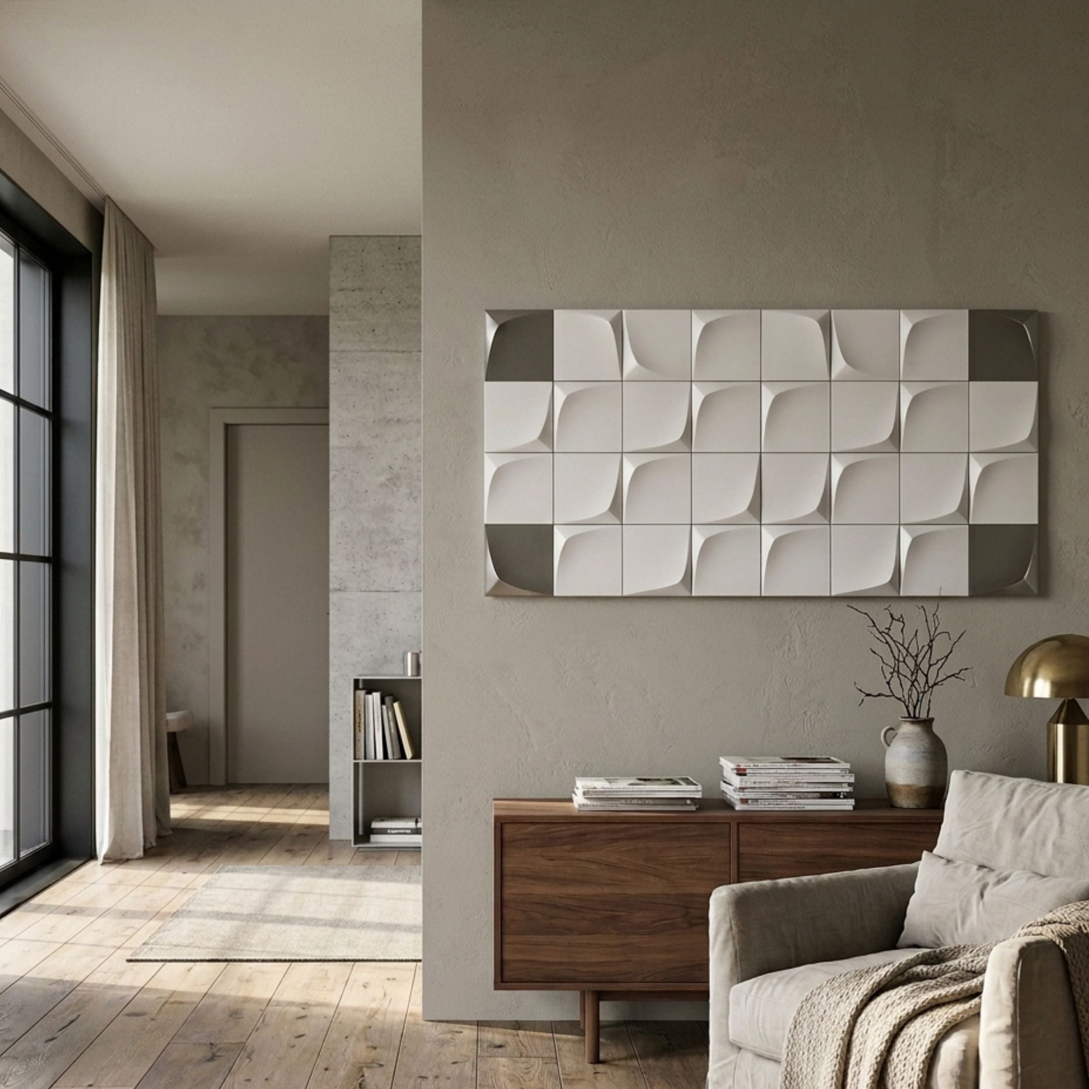 Averra White & Sage Edge Wood Relief 3D Wall Art by Giant Sculptures, mounted above a walnut sideboard in a neutral living room with linen sofa and brass lamp.