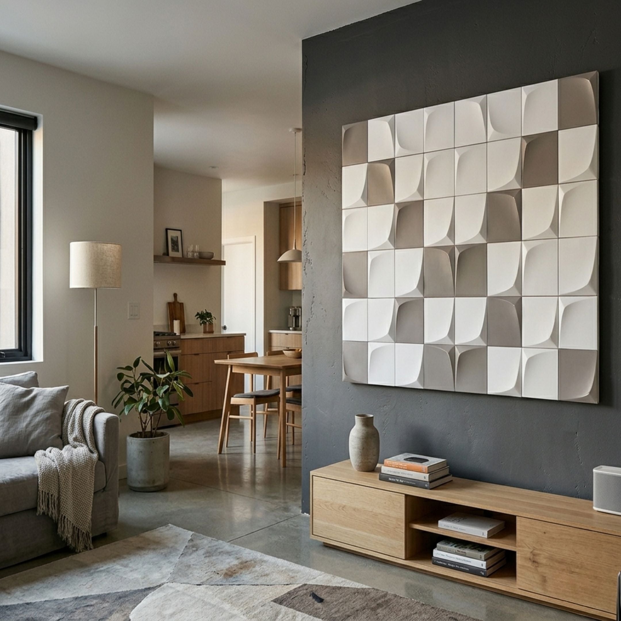 Averra White & Brown Geometric Wood Relief 3D Wall Art by Giant Sculptures mounted on a dark grey wall above a light oak console in a modern living room.