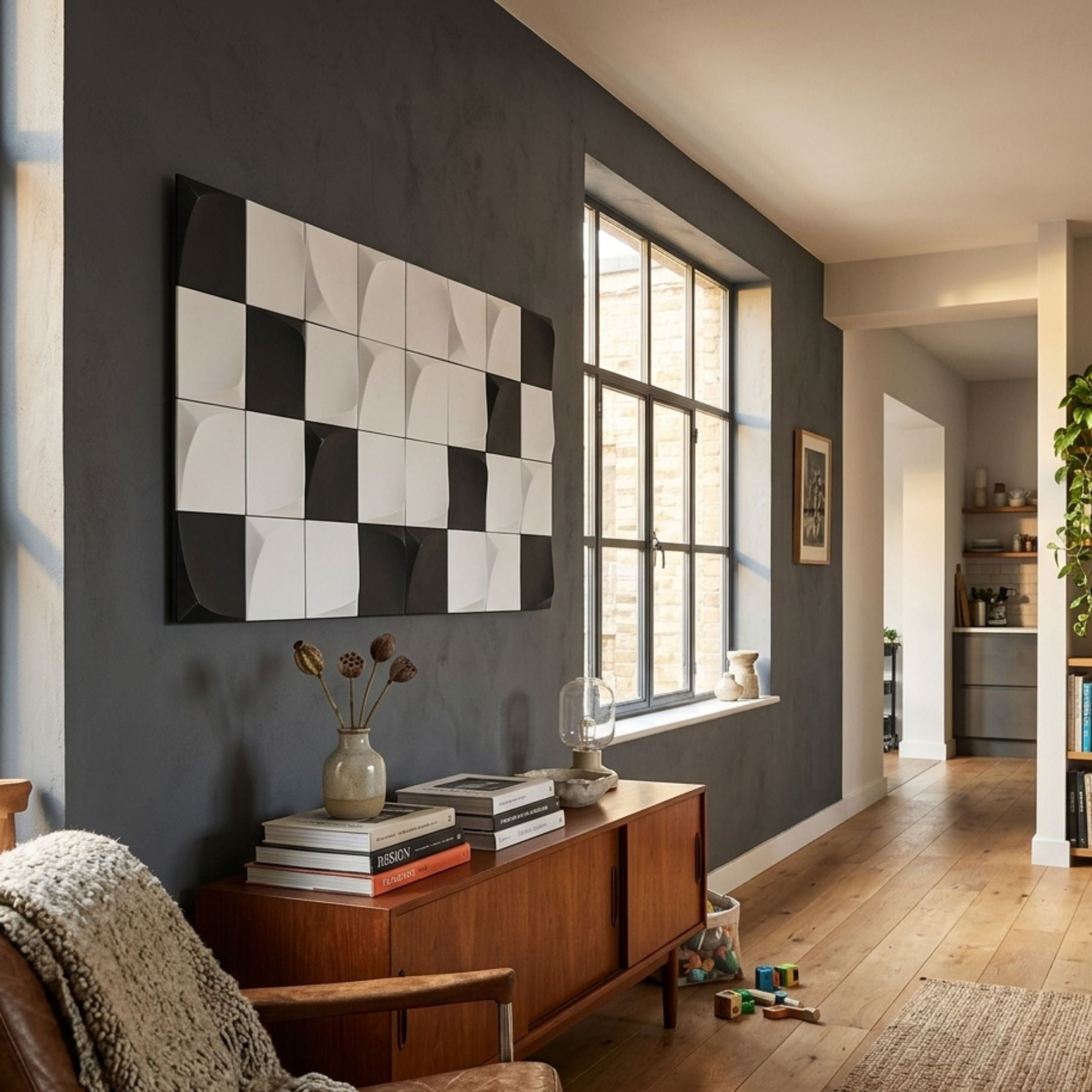 Averra White & Black Geometric Wood Relief 3D Wall Art by Giant Sculptures mounted on a dark grey wall above a mid-century teak sideboard beside a window.