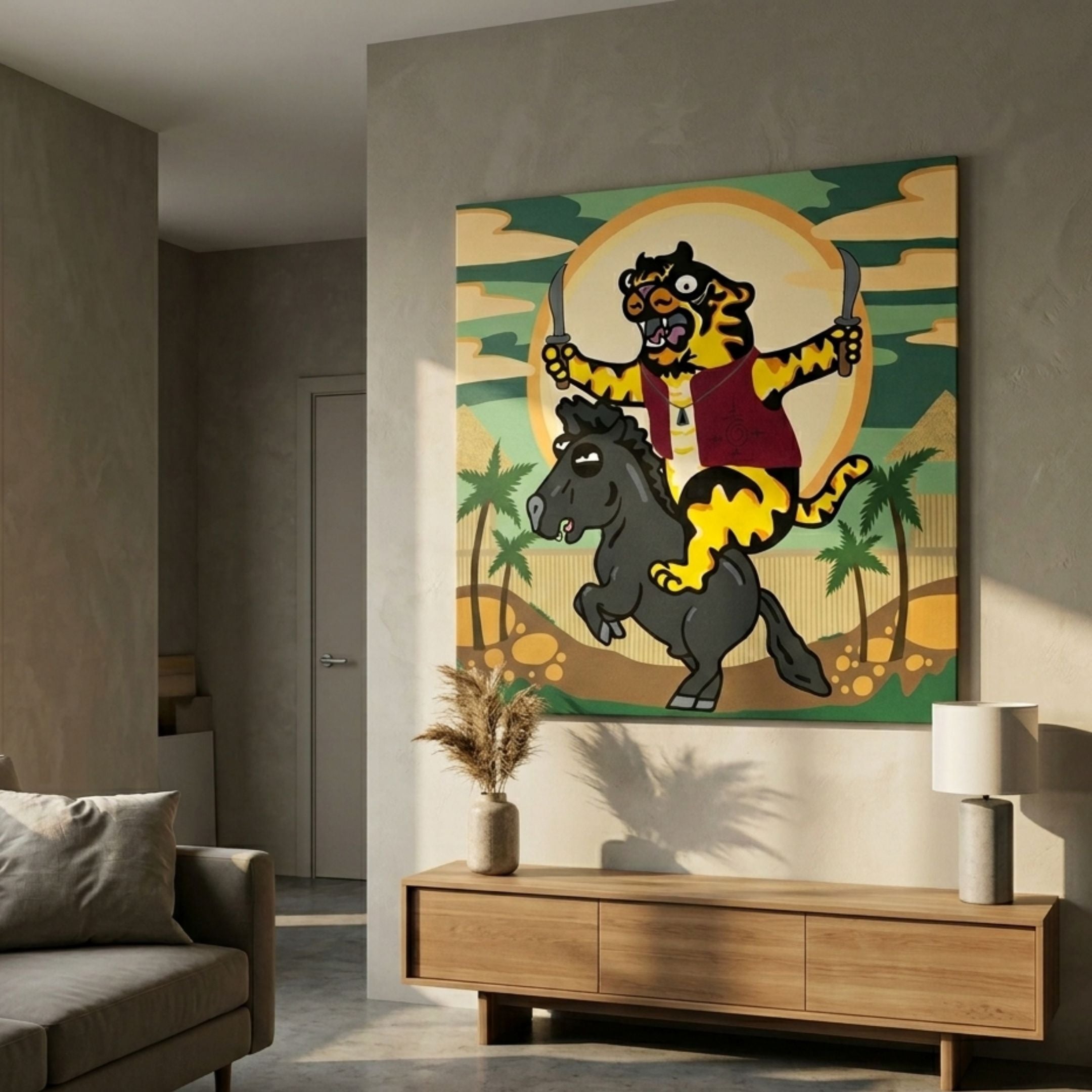 Thai Warrior Tiger Pop Art Canvas Painting by Giant Sculptures displayed above a wooden console in a neutral living room with sofa and pampas grass.
