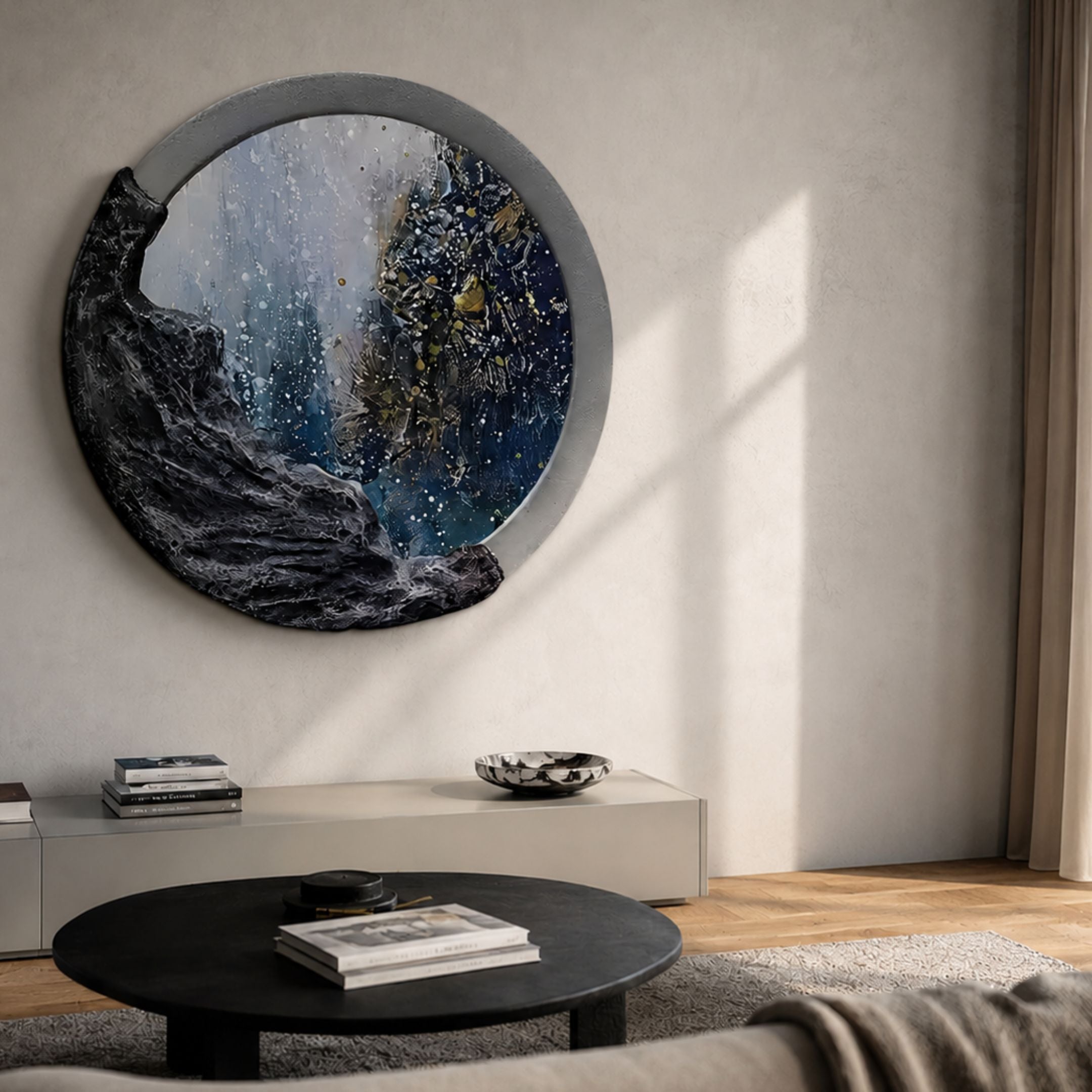 Auroria Coastal Whisper Hand-Painted Wood Relief 3D Wall Art mounted above a low console in a neutral living room, its rugged black ring framing a swirling blue and silver painted aperture.