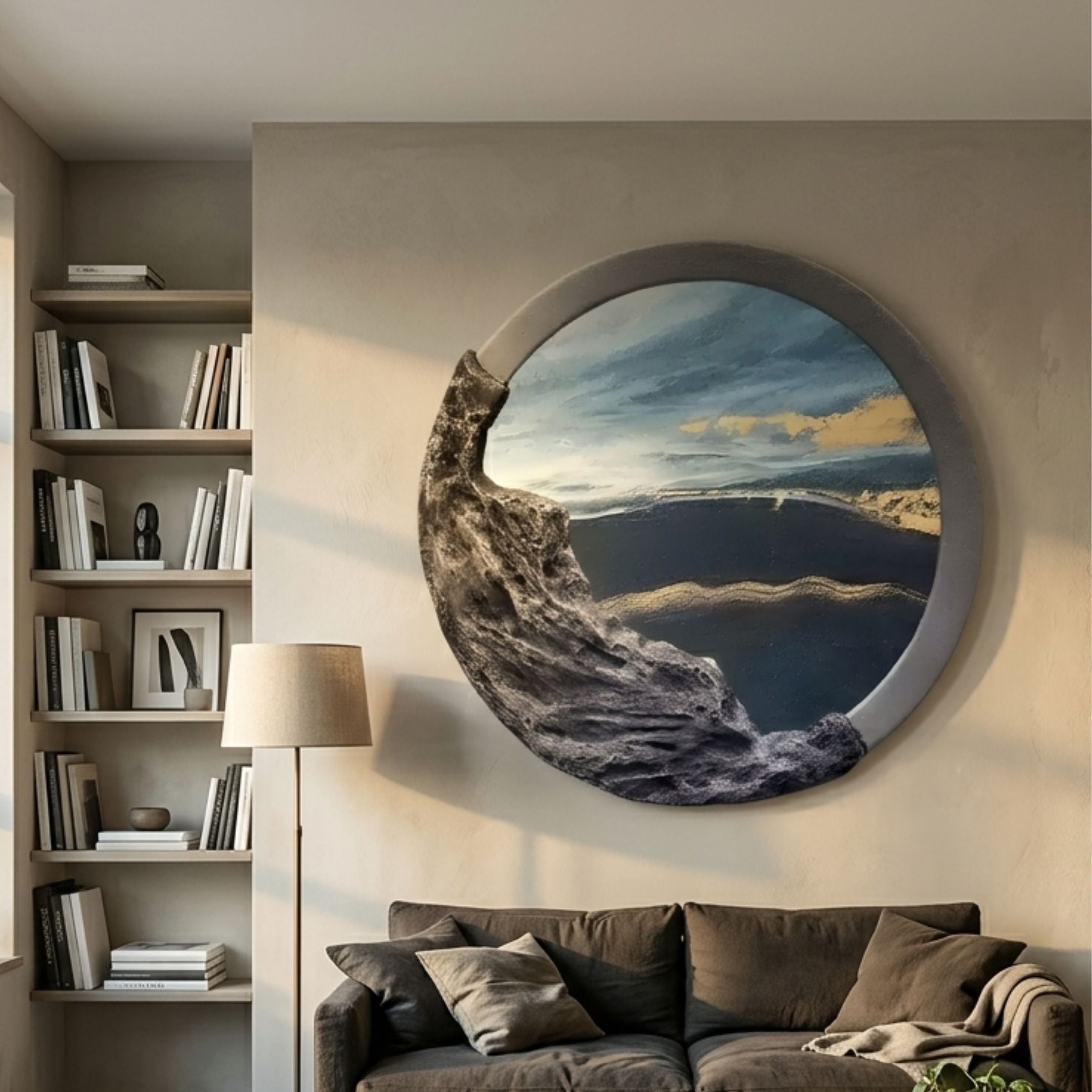 Auroria Urban Mosaic Hand-Painted Wood Relief 3D Wall Art by Giant Sculptures, a circular piece with textured dark wood and a soft blue sky centre, displayed above a brown sofa beside book-lined shelves.