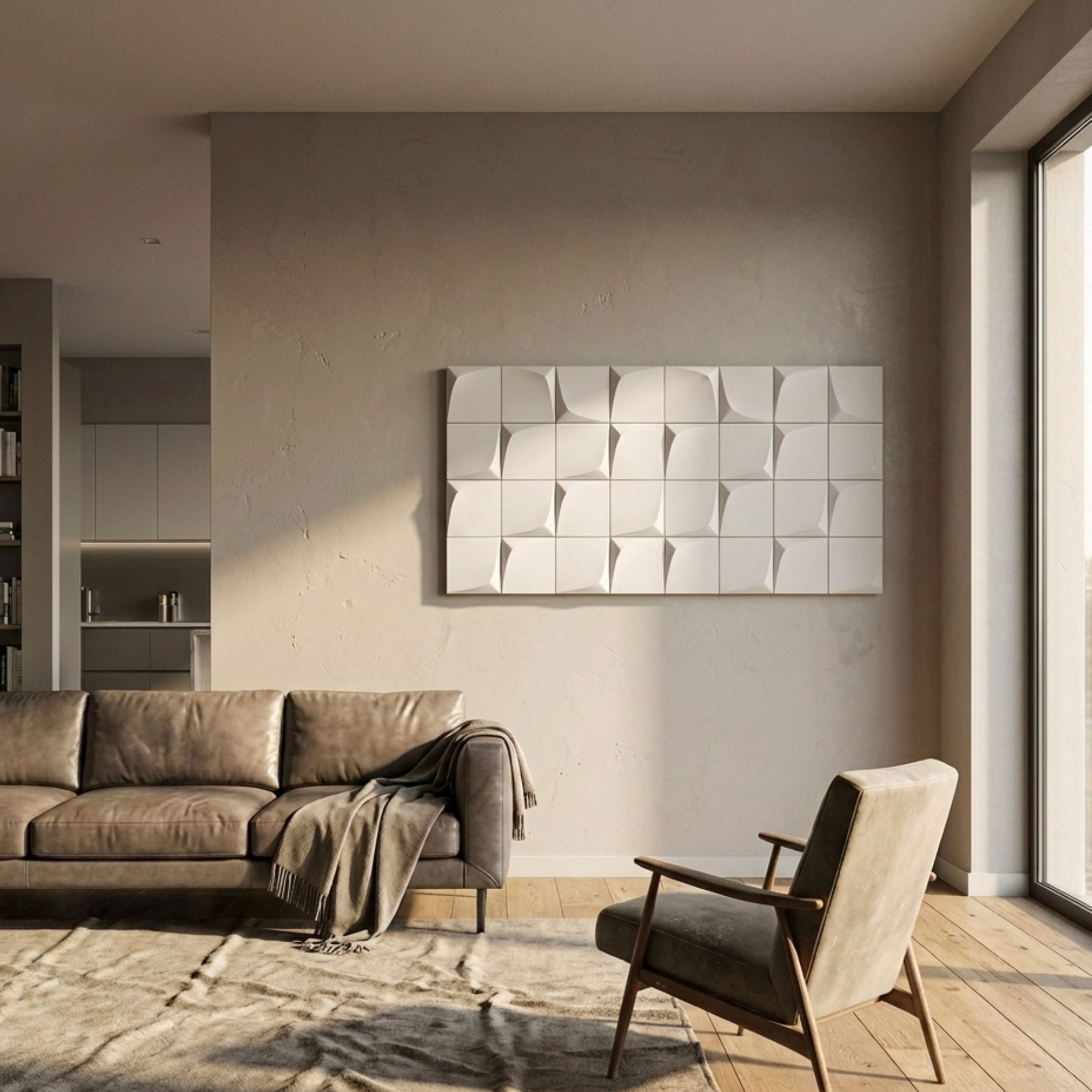 Averra White Geometric Wood Relief 3D Wall Art by Giant Sculptures displayed above a brown leather sofa in a sunlit modern living room with neutral walls.