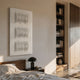 Ondara Wave White Vertical Wood Relief 3D Wall Art mounted above a walnut bed in a sunlit bedroom with a dome lamp and bookshelf nearby.
