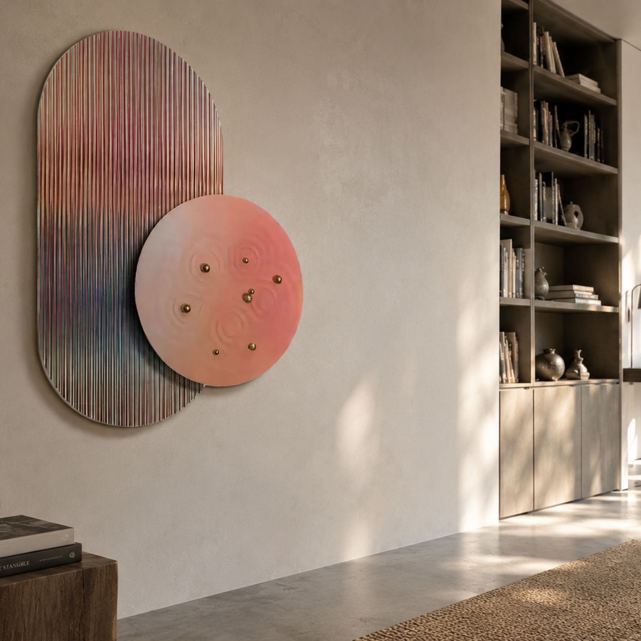 Embera Abstract Circle Warm Blush Gradient 3D Wall Art mounted in a modern living room, featuring a striped oval and blush circle with gold spheres beside a bookshelf.