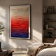 Elorium Sunset Gradient Hand-Painted Wood Relief 3D Wall Art with cream-to-red-to-blue spike field, framed in black, mounted above a neutral living room sofa.