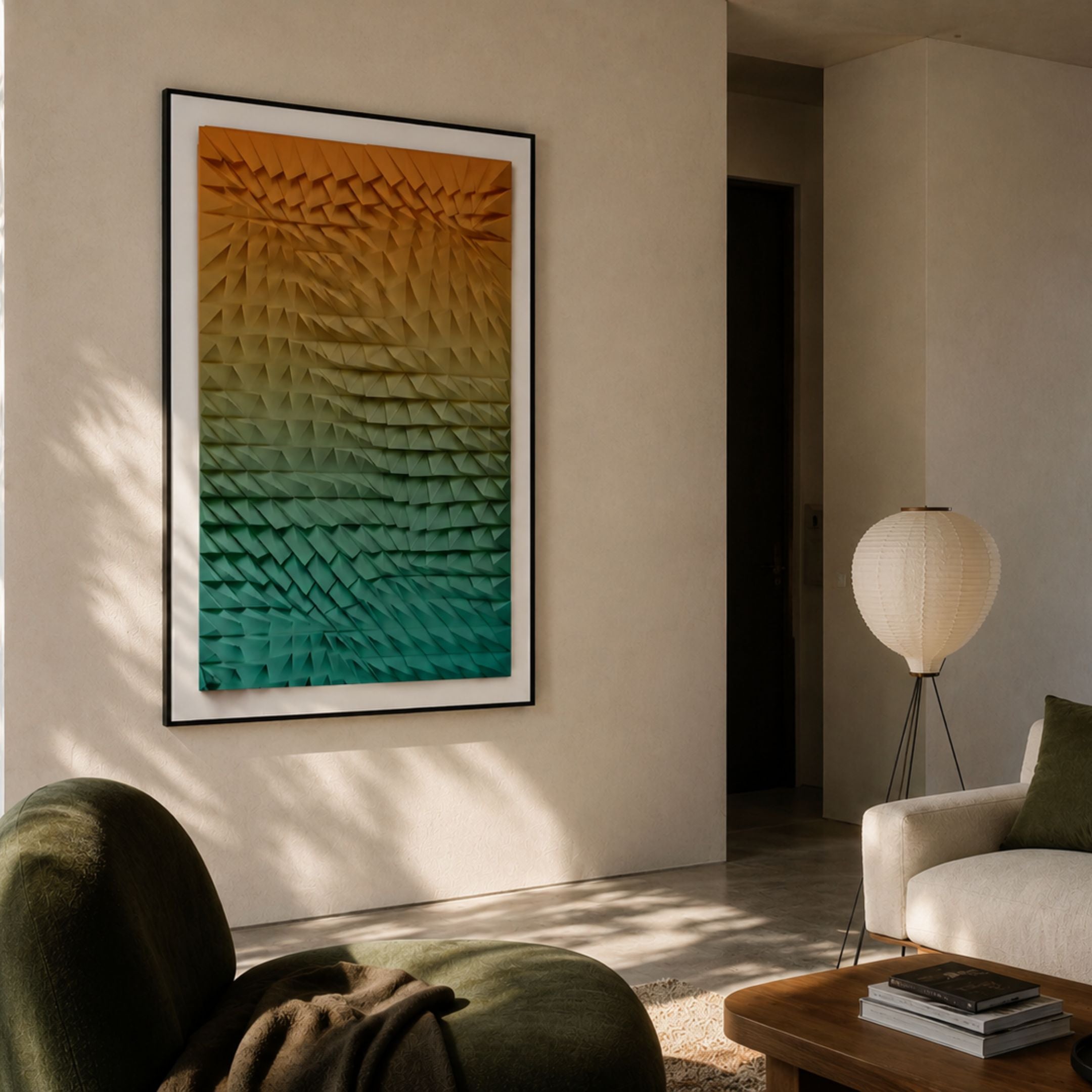 Elorium Dual Gradient Hand-Painted Wood Relief 3D Wall Art with orange-to-green pyramid grid, framed in black on a cream wall above a green armchair.