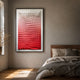 Elorium Red Gradient Hand-Painted Wood Relief 3D Wall Art by Giant Sculptures, framed in black above a wooden bed with linen bedding and a dried floral vase.