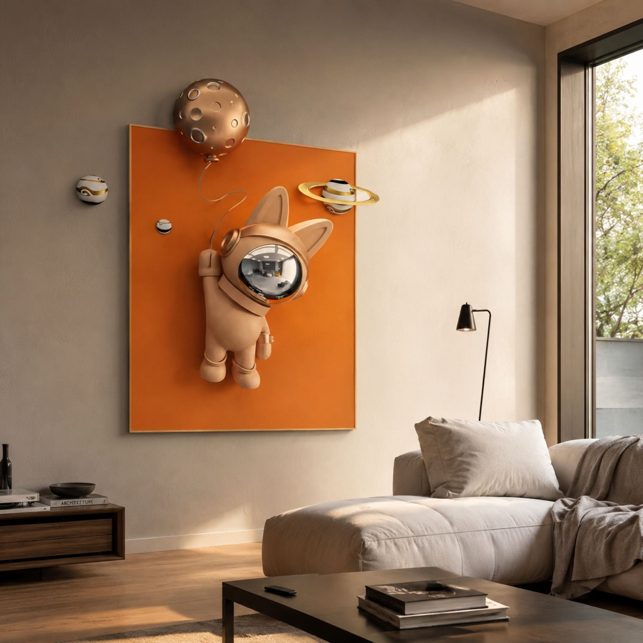 Rose Gold 3D Astronaut Bunny Balloon Orange Wall Art by Giant Sculptures displayed in a modern living room above a beige sofa beside a floor lamp.