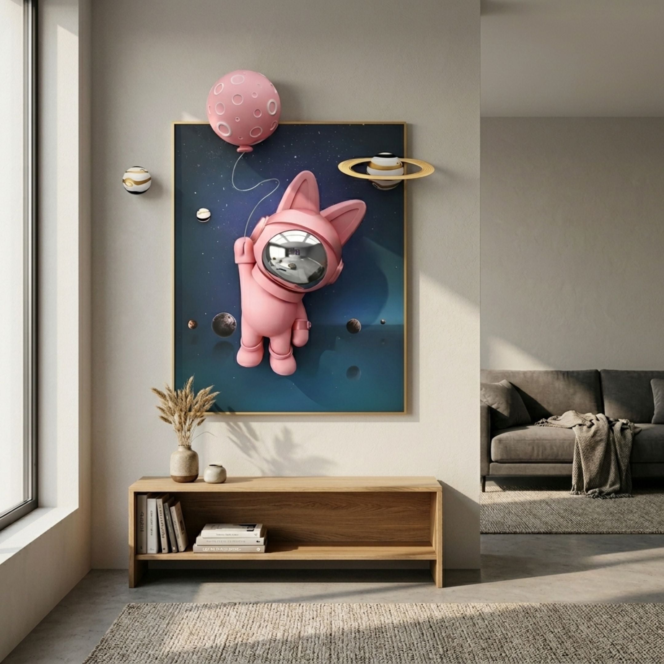 Pink 3D Astronaut Bunny Balloon Starry Wall Art mounted above an oak console in a Nordic living room, with the bunny holding a pink moon balloon among planets.