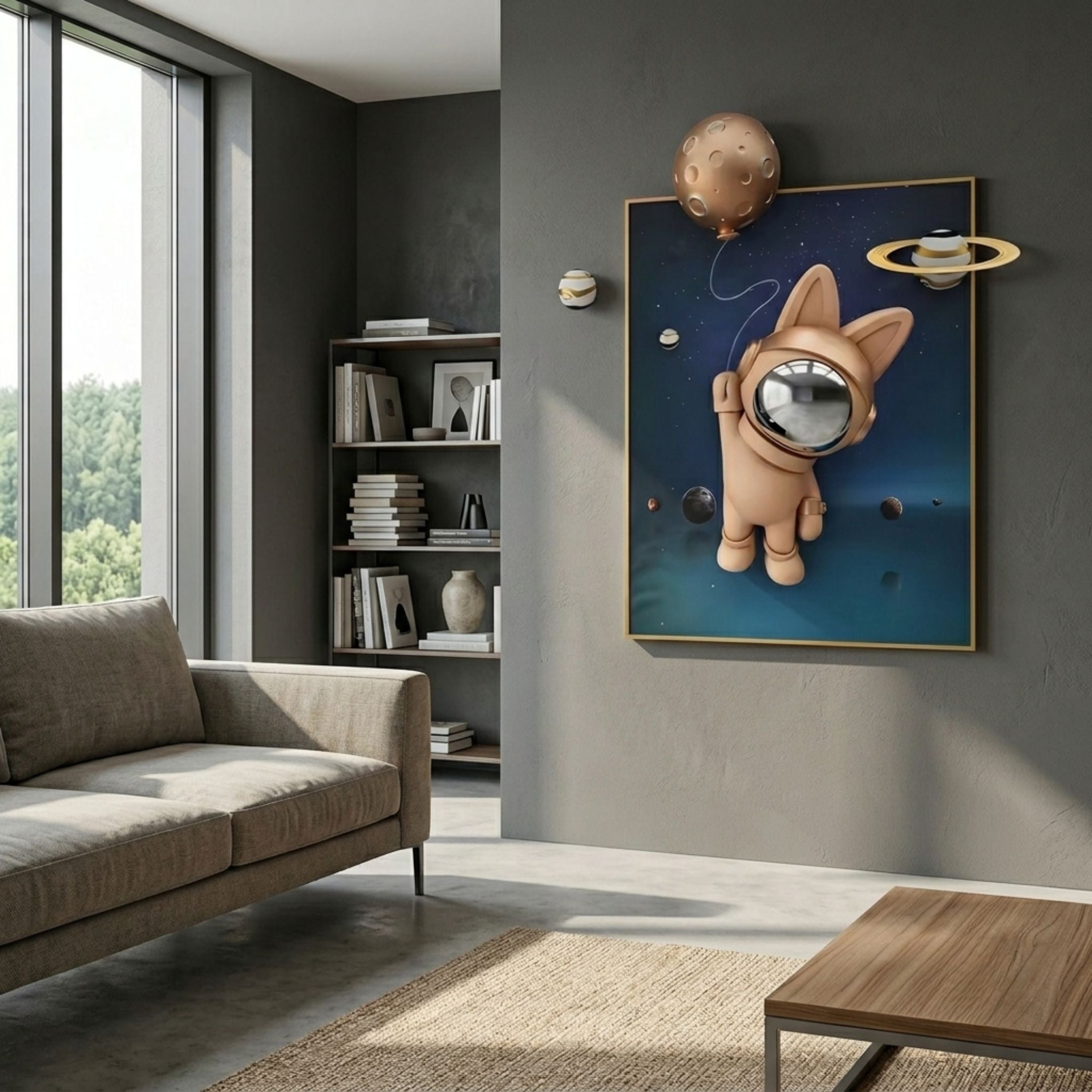 Rose Gold 3D Astronaut Bunny Balloon Starry Wall Art by Giant Sculptures displayed on a grey wall above a beige sofa in a modern living room.