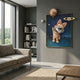 Rose Gold 3D Astronaut Bunny Balloon Starry Wall Art by Giant Sculptures displayed on a grey wall above a beige sofa in a modern living room.