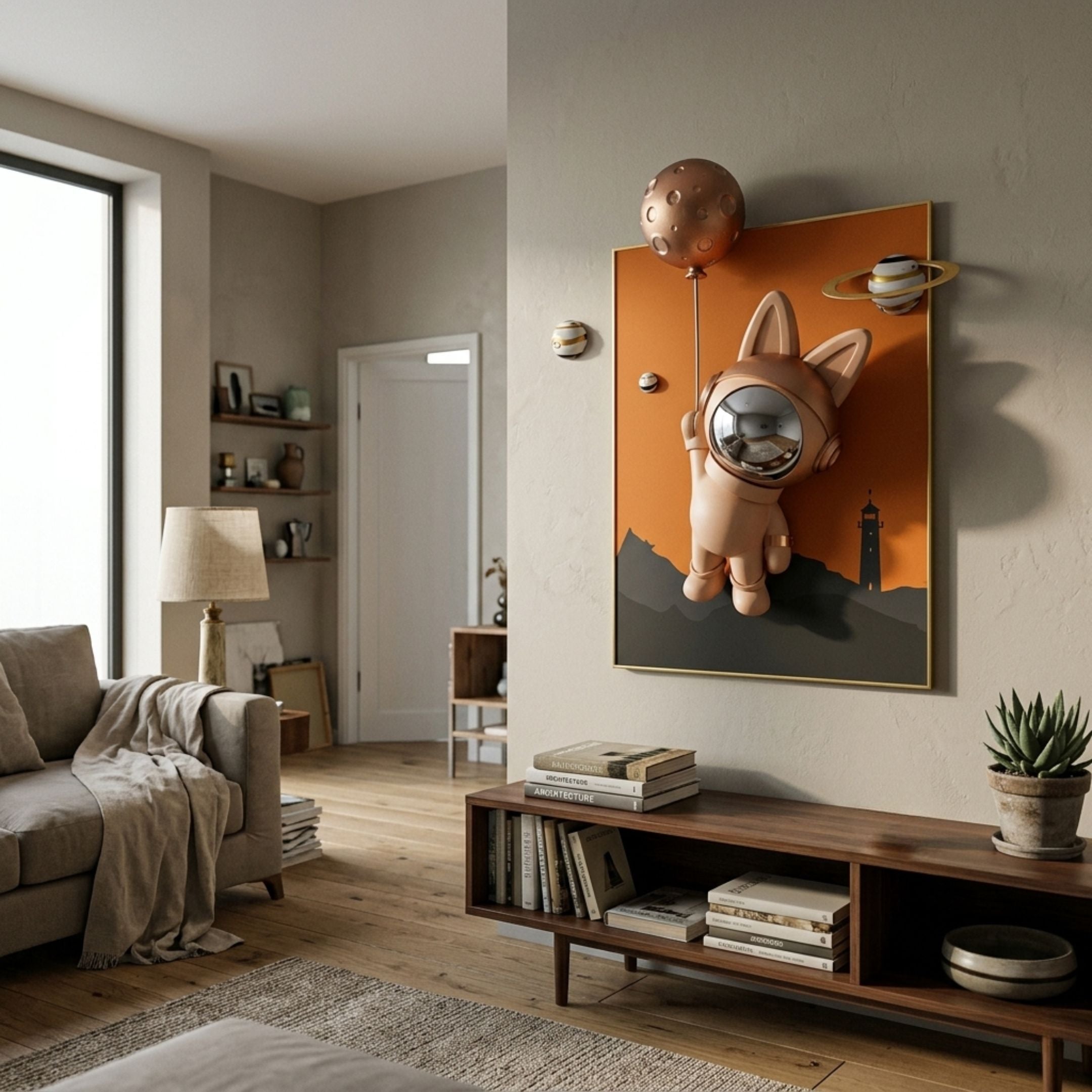 Rose Gold 3D Astronaut Bunny Balloon Lighthouse Wall Art by Giant Sculptures displayed above a walnut console in a neutral living room with sofa and plant.