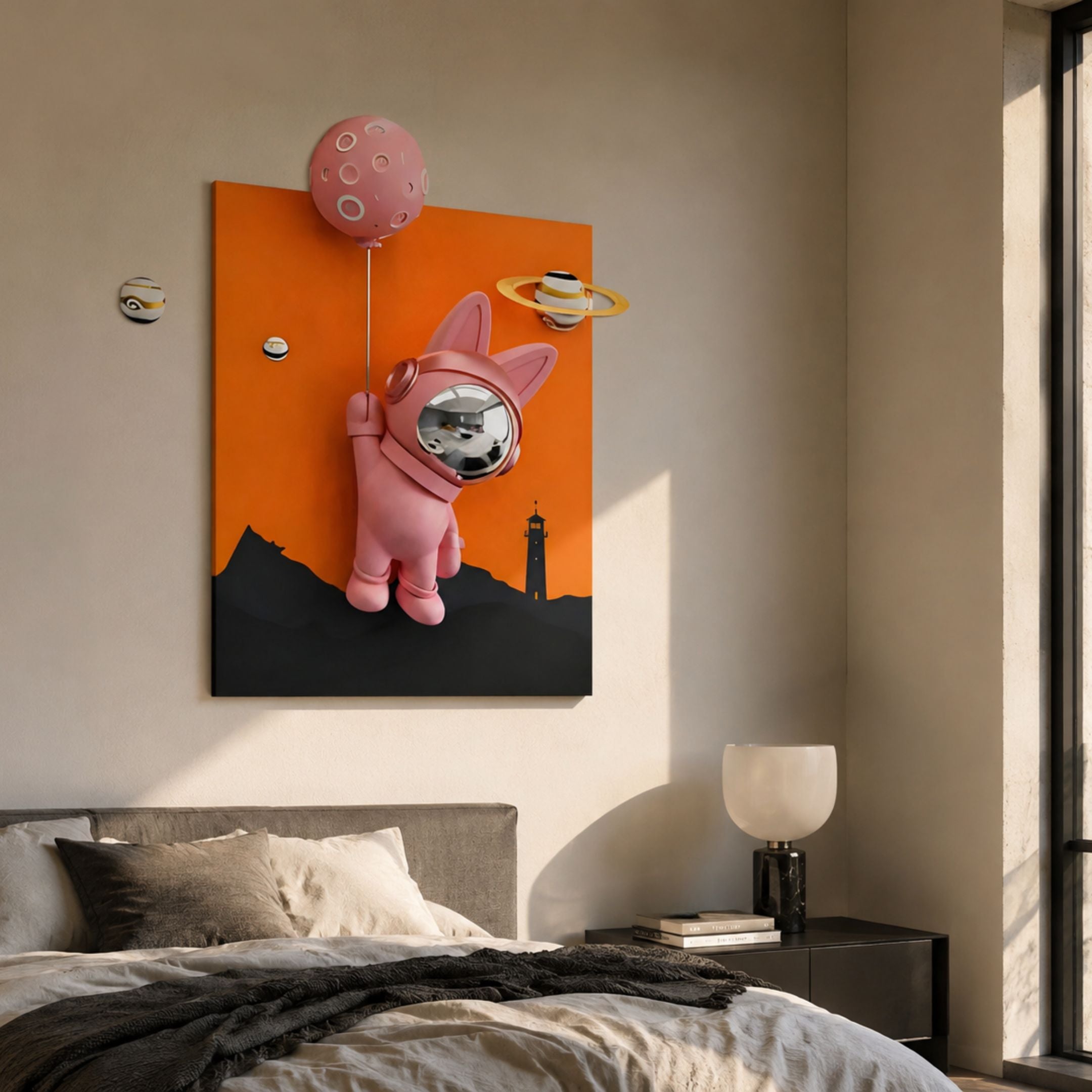 Pink 3D Astronaut Bunny Balloon Lighthouse Wall Art by Giant Sculptures displayed above a bed with grey linens, beside a nightstand with a white lamp.