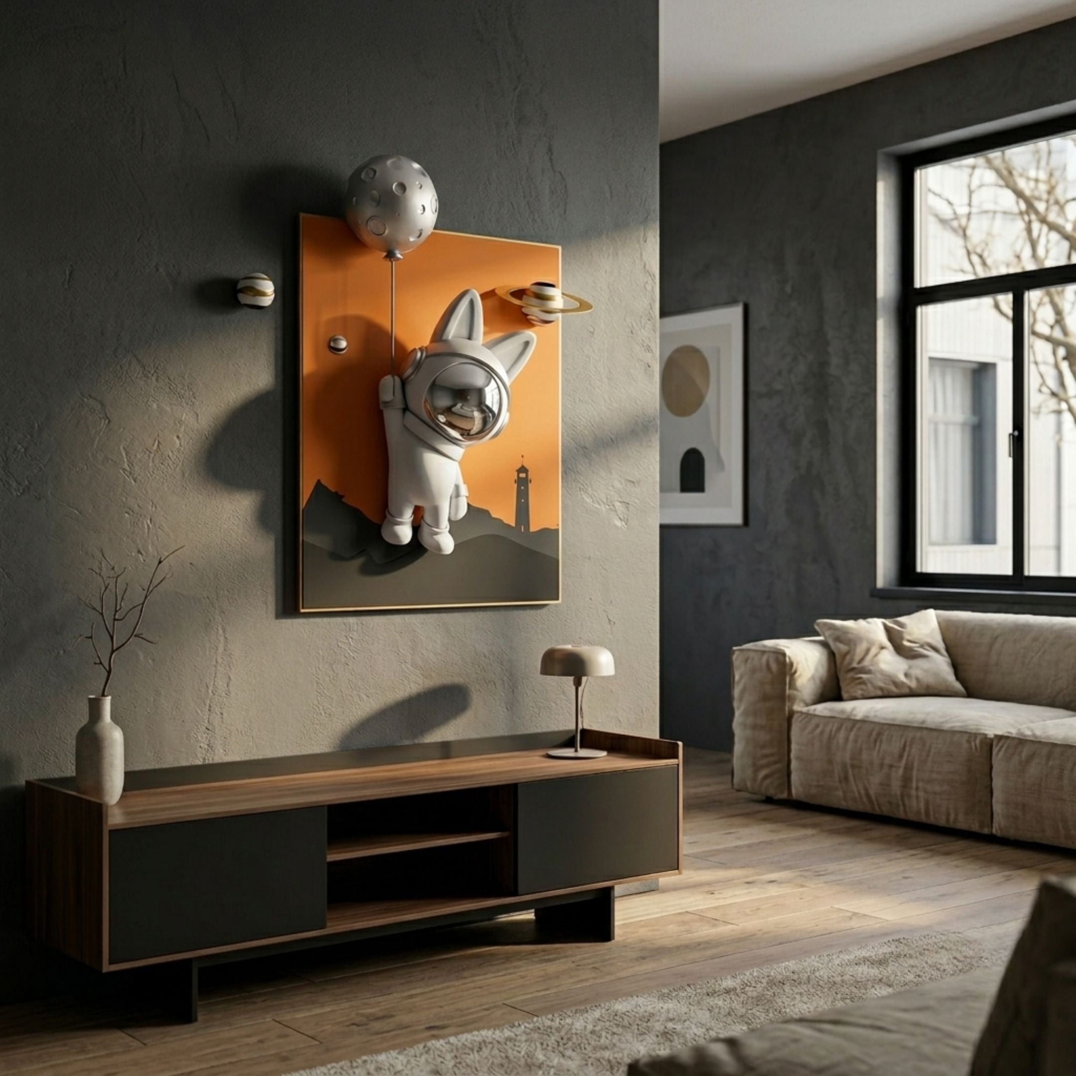 Chrome 3D Astronaut Bunny Balloon Lighthouse Wall Art mounted above a walnut console in a dark grey living room with a beige sofa and window.