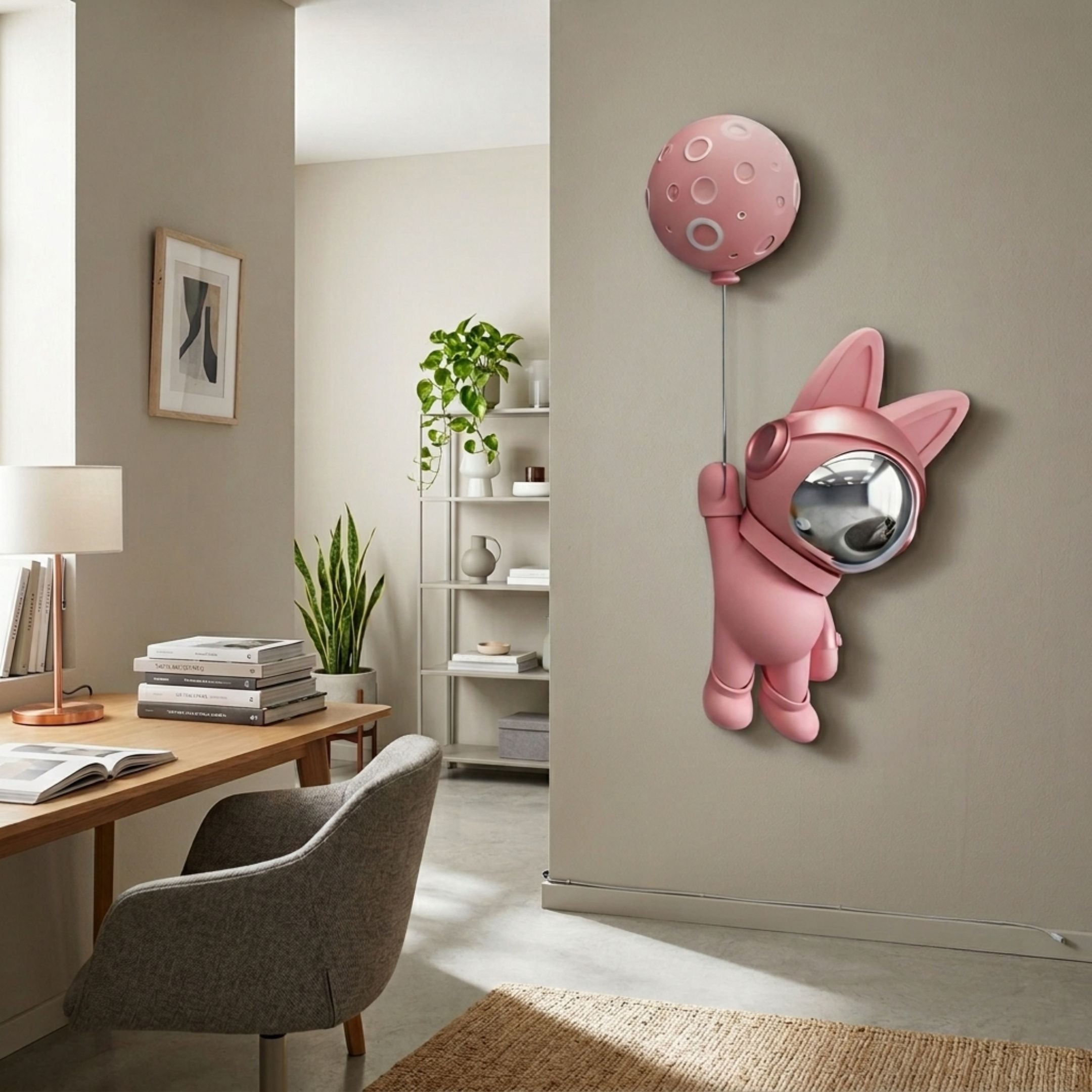 Pink Astronaut Bunny Balloon 3D Wall Art by Giant Sculptures, 58cm bunny in pink spacesuit with silver visor holding a pink moon balloon, mounted in a home office.