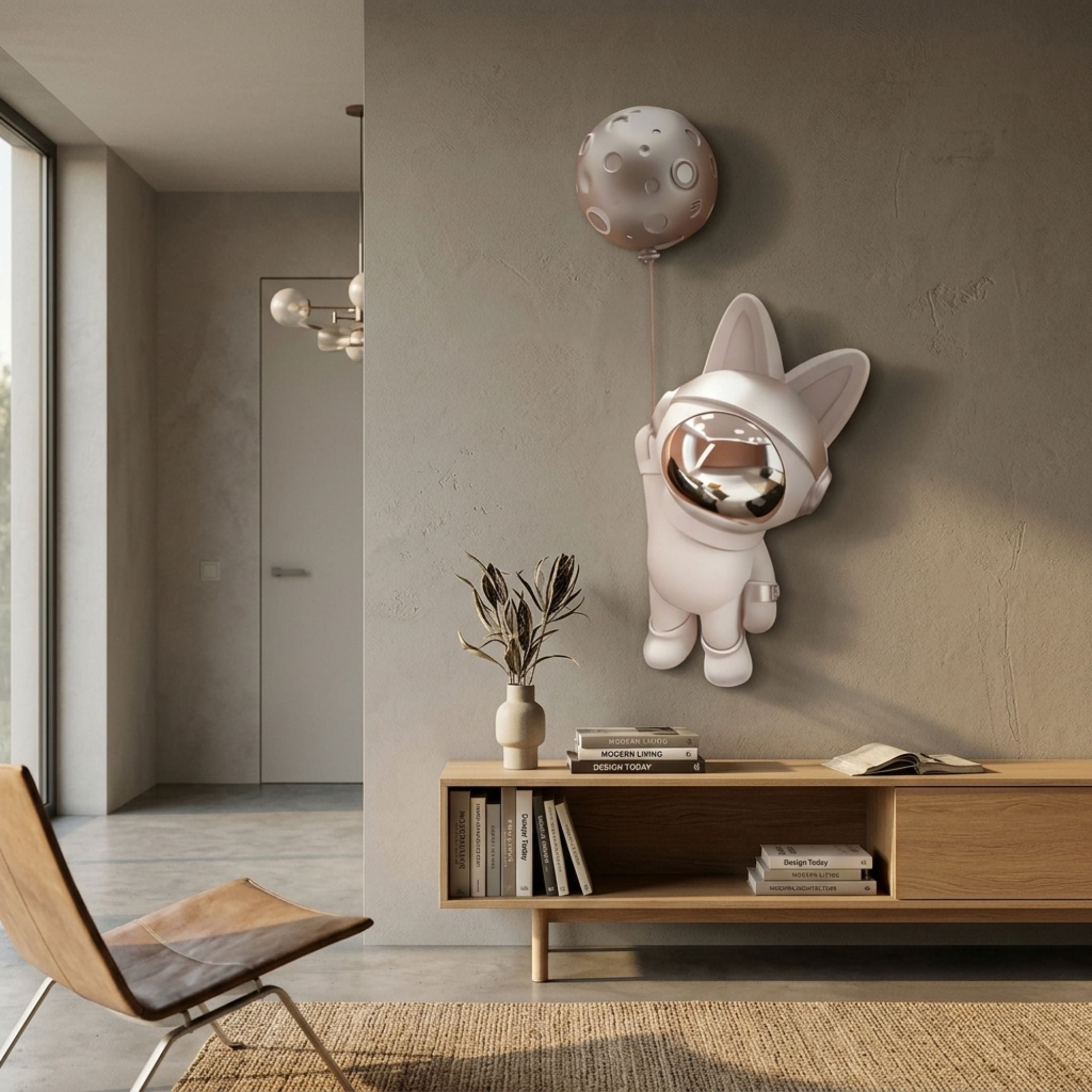 Chrome Astronaut Bunny Balloon 3D Wall Art by Giant Sculptures mounted in a modern living room above a wooden console, holding a textured moon balloon.