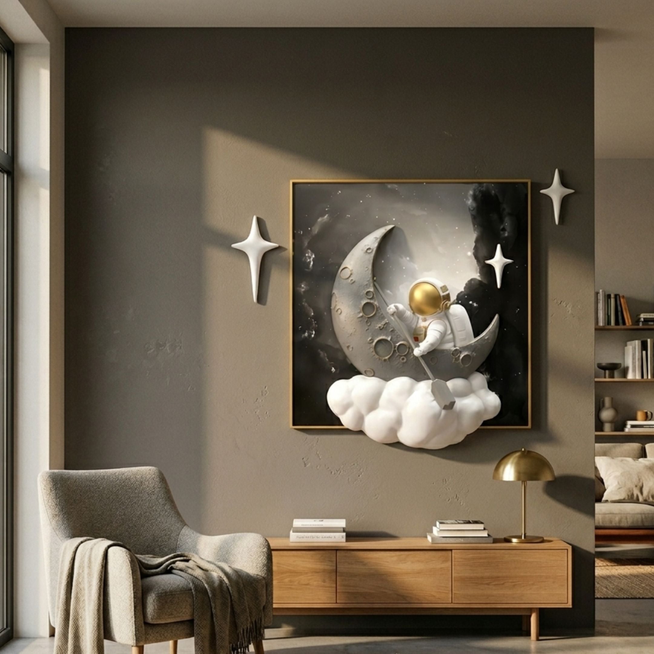 3D MoonSail Astronaut Galaxy Wall Art by Giant Sculptures displayed in a modern living room above a wooden console, flanked by white star accents on a grey wall.