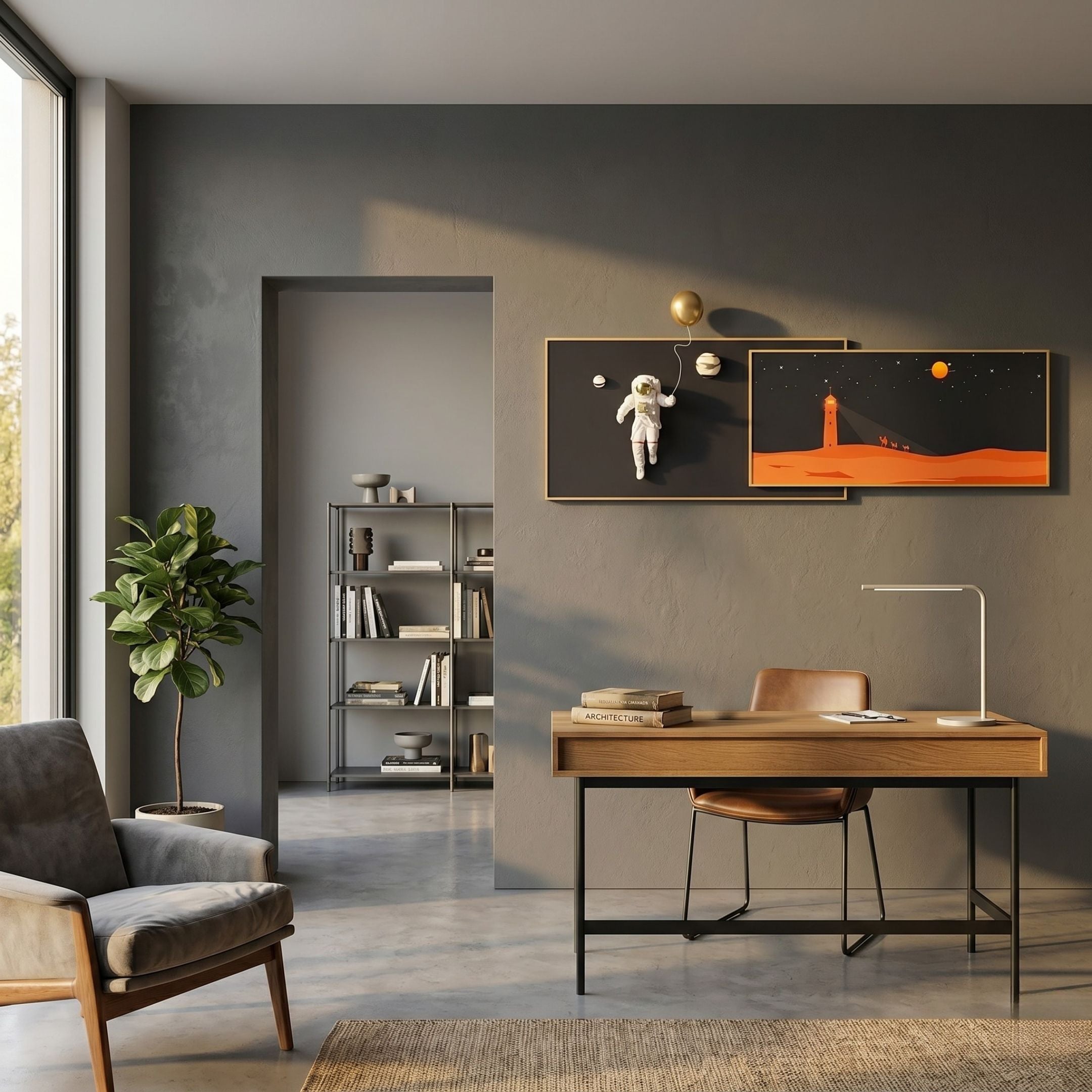 3D Space Astronaut & Lighthouse Dual-Panel Wall Art by Giant Sculptures displayed above a wooden desk in a modern grey home office with armchair and plant.