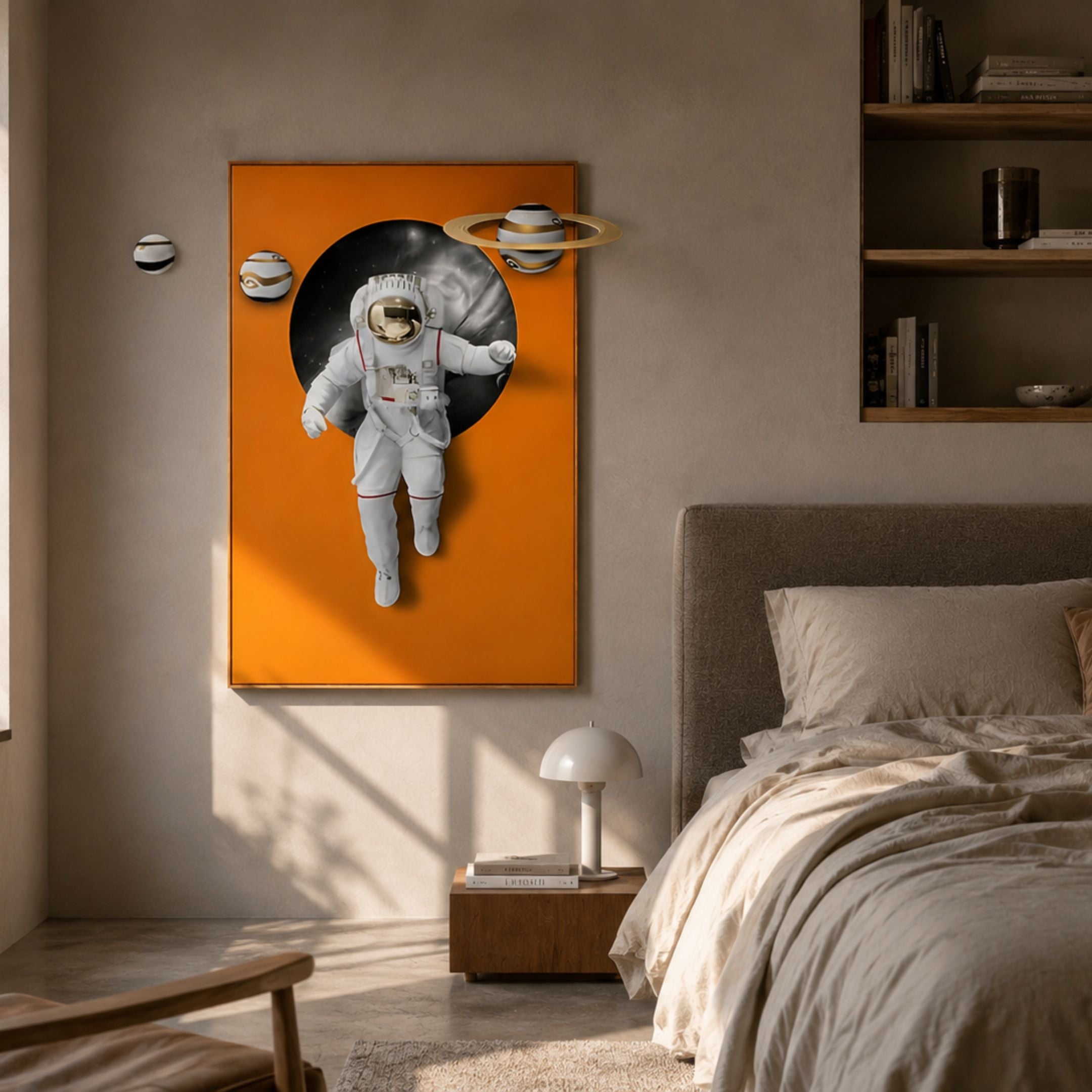 White 3D Solar Astronaut Orange Portal Wall Art by Giant Sculptures mounted above a bedside table in a neutral bedroom with linen bedding and book shelves.