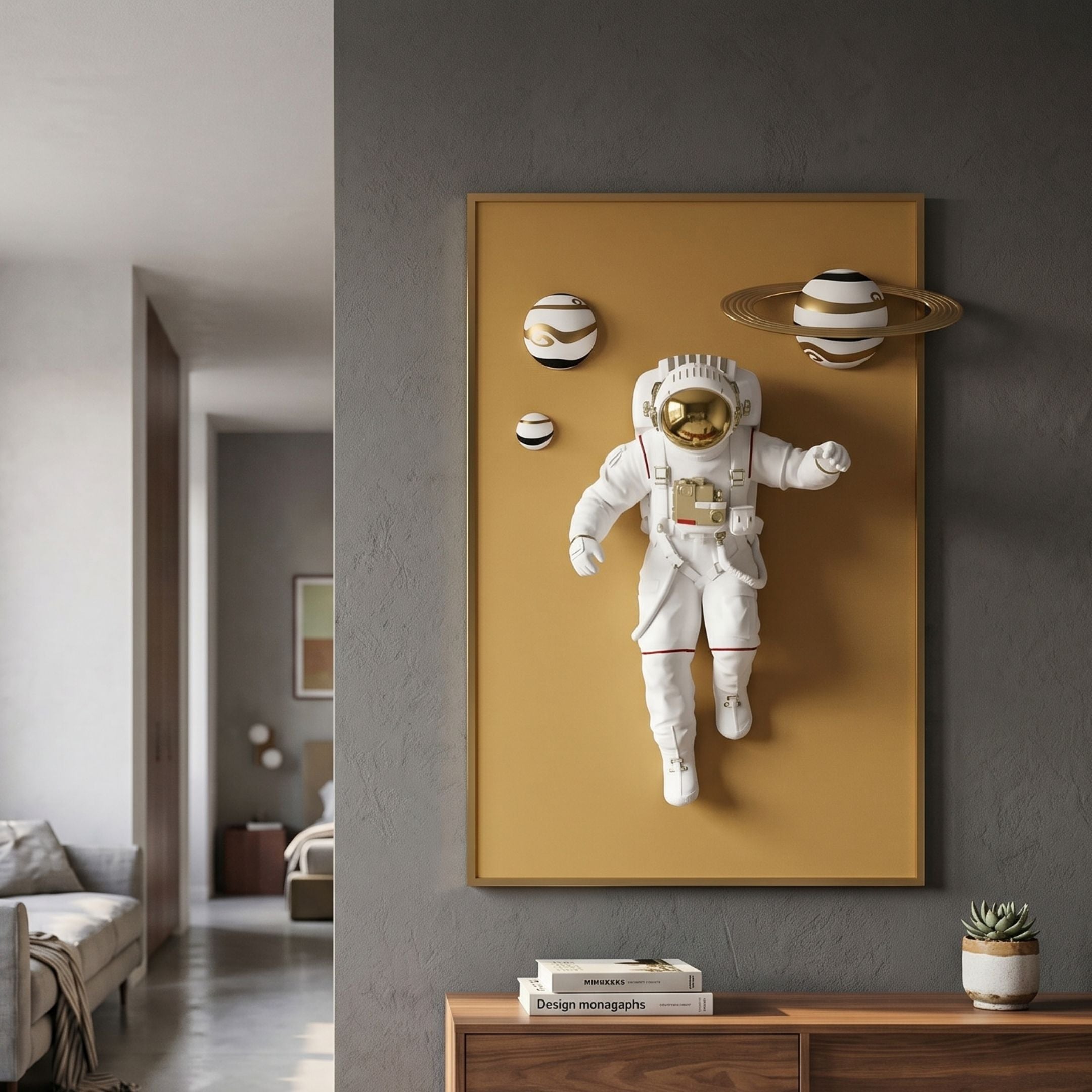 White 3D Solar Astronaut Golden Portal Wall Art by Giant Sculptures, mounted above a wooden console in a grey living room with planets orbiting the figure.