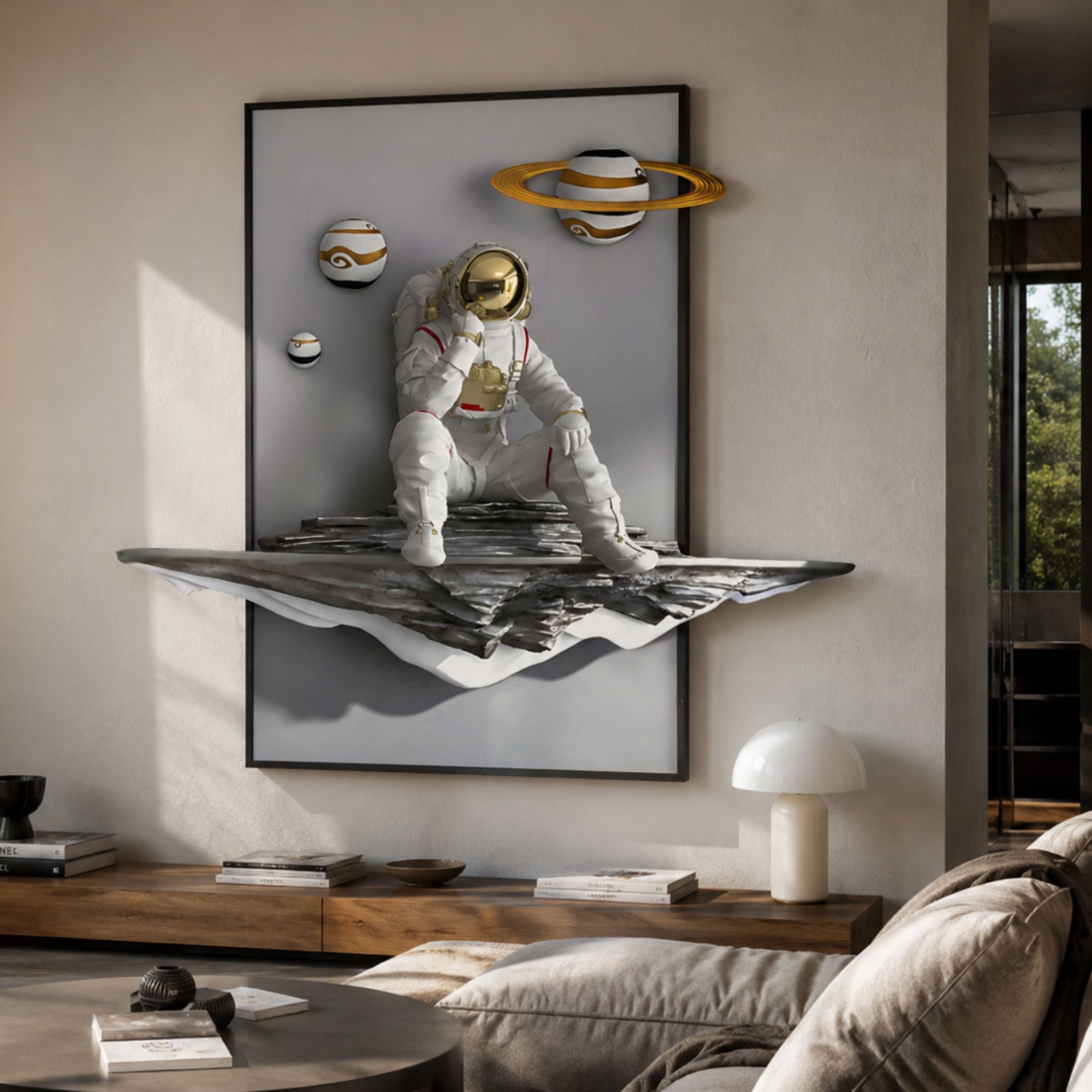 White 3D Galaxy Astronaut Thinker Wall Art by Giant Sculptures, framed sculpted astronaut on rocky ledge with gold-ringed planets, mounted in a modern living room.