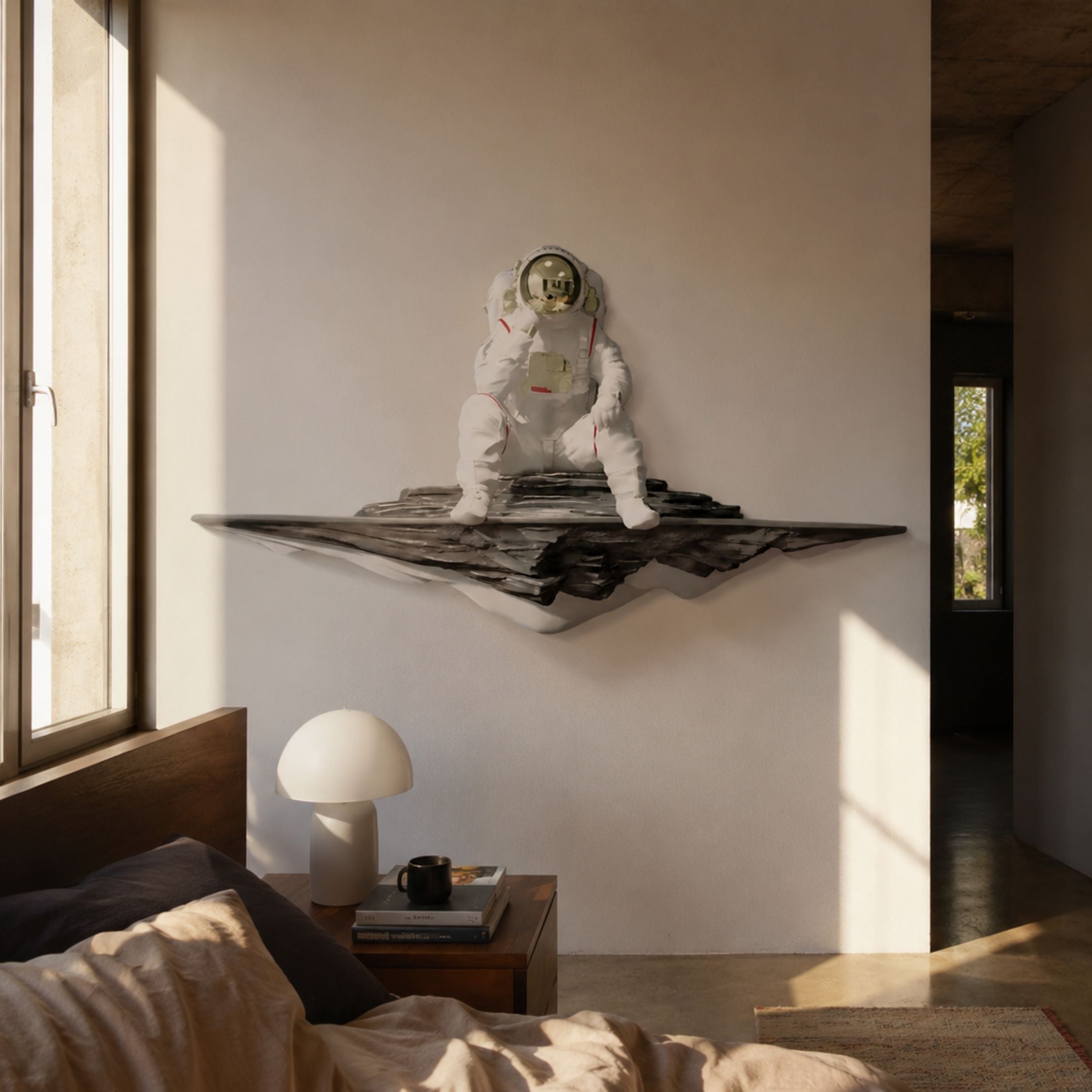 White Astronaut Thinker On Rocky Shelf 3D Wall Art by Giant Sculptures mounted above a bedside table with mushroom lamp in a sunlit bedroom.
