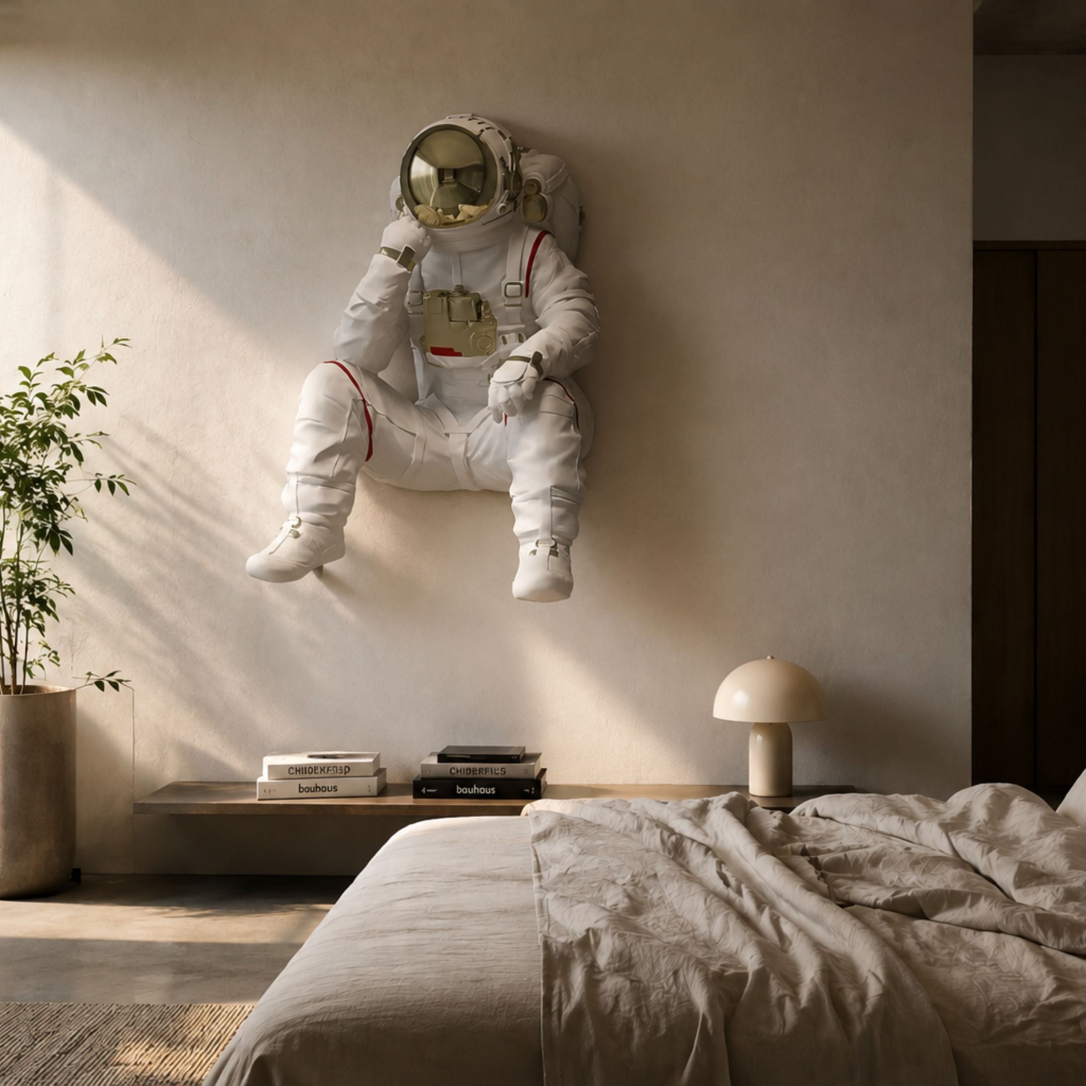 White Astronaut Thinker 3D Wall Art by Giant Sculptures in resin with red accents and gold helmet, mounted in a Nordic bedroom above a shelf with books.