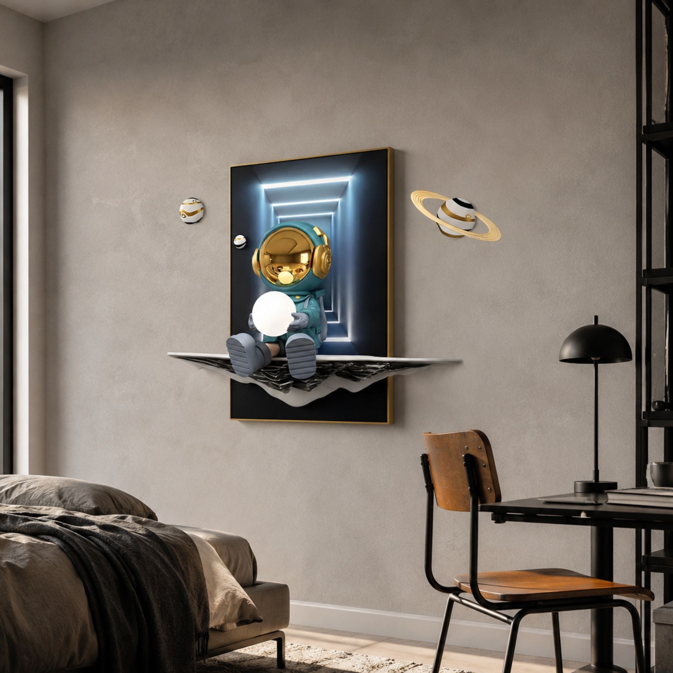 Blue Astronaut Glow 3D Portal Wall Art by Giant Sculptures mounted on a grey bedroom wall, with the gold-helmeted figure holding an LED orb beside floating planets.